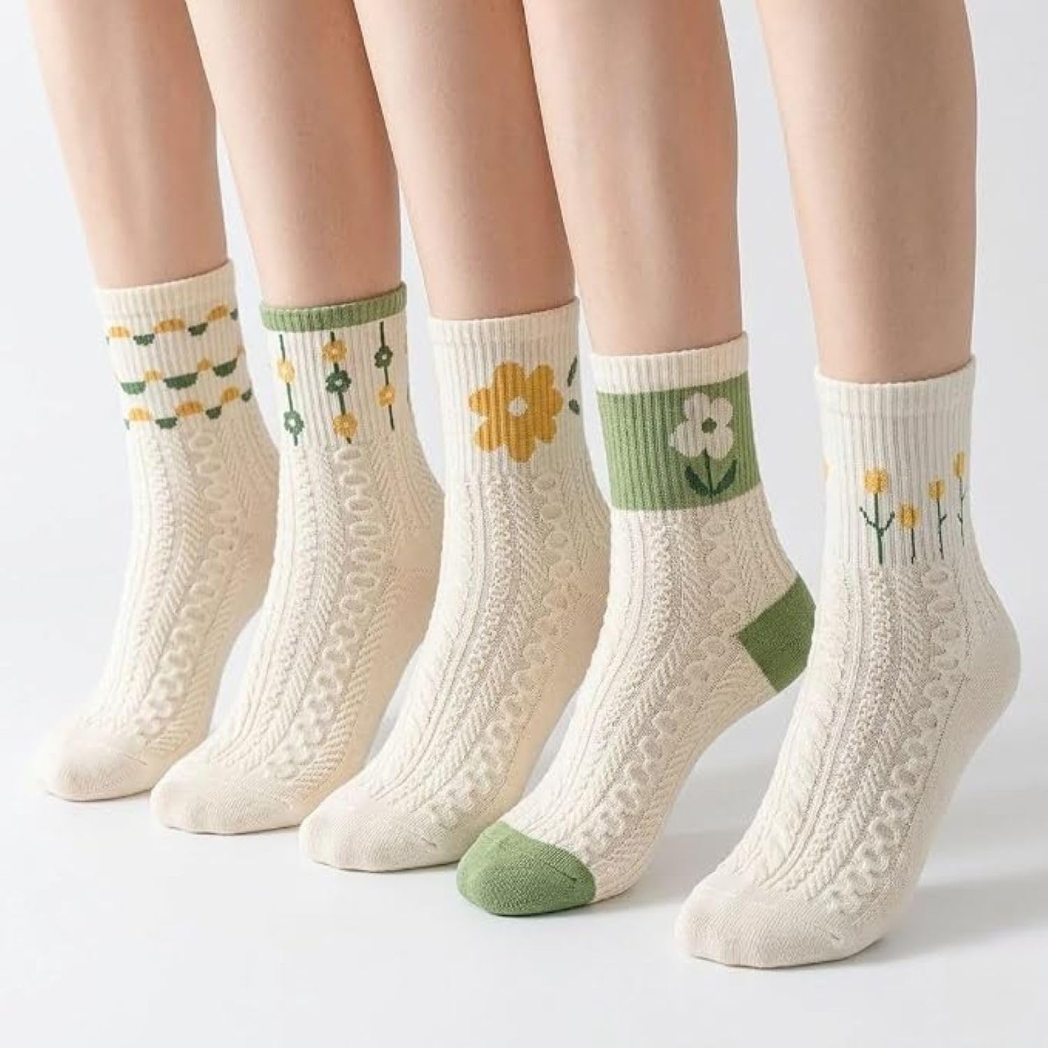 5 Pairs Women’s Cotton Crew Socks with Floral Embroidery, Vintage Cable Knit Casual Socks, Soft Breathable Mid-Calf Cute Pattern Socks (Off White)-image-38