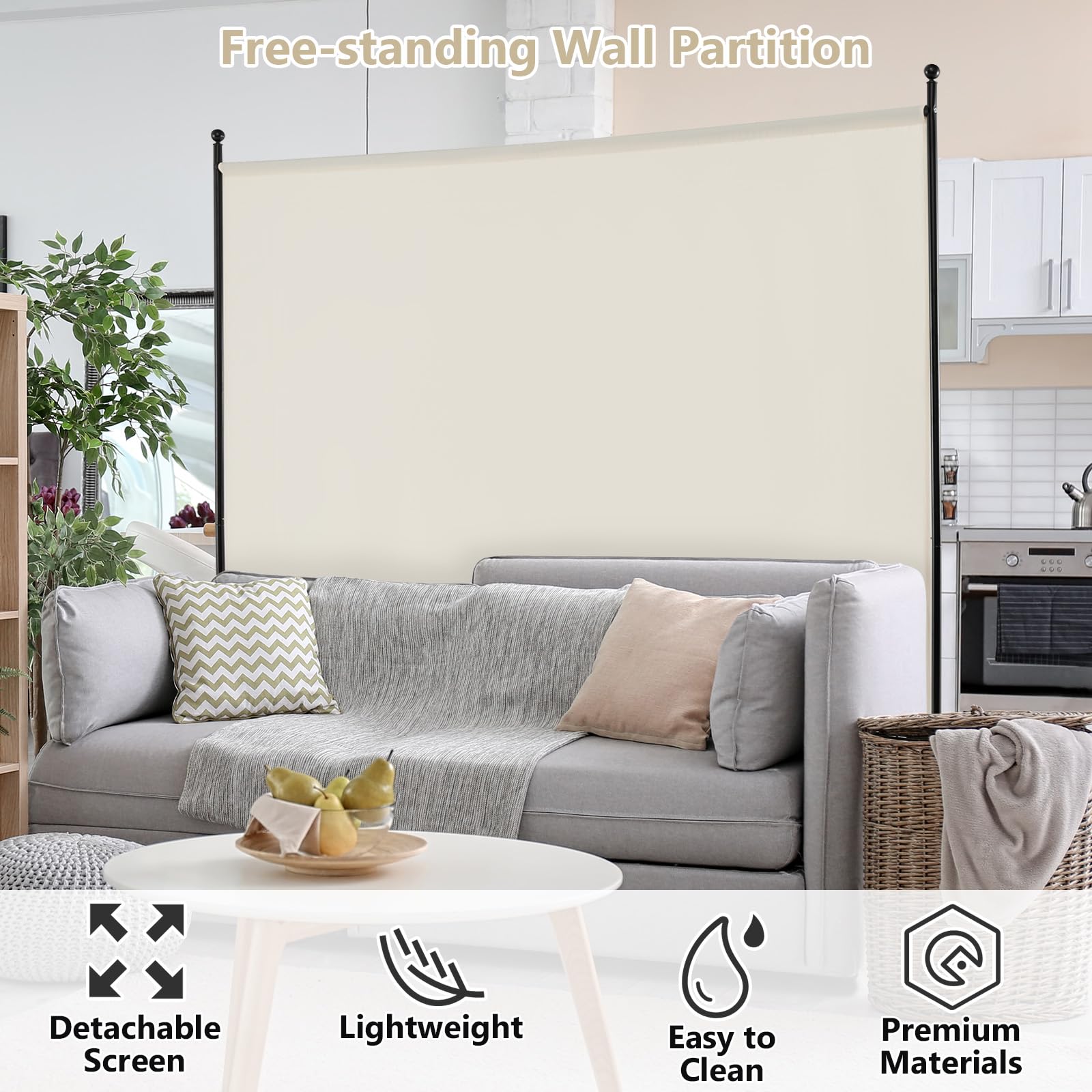 LIFEZEAL Biombo de 1 Panel, Separador para Interior, Exterior, Biombo Móvil Pared Divisoria, Marco de Metal con 4 Ruedas, Protección de Privacidad, Separador de Espacio, Byobu, 184 x 184 cm (Beige)