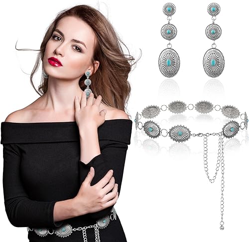 3 piezas de joyería occidental para mujer, cinturones de cadena de concho turquesa occidental, cinturón de cintura bohemio, cinturón de metal