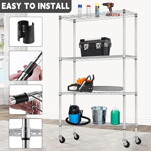 Miniatura 6 de Estantes de almacenamiento cromados, estantería de alambre de 4 niveles con ruedas, estantes de almacenamiento ajustables de 500 libras, estante de