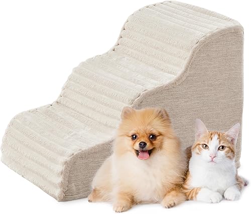 Laojin Balhen Dog Stairs for Small Dogs & Cats 15.7" H, High Density Foam Dog Steps Ramp for Couch Sofa and Chair, Pet Stairs with Non-Slip Bottom and Remove Washable Cover, 3-Step Pet Steps, Beige
