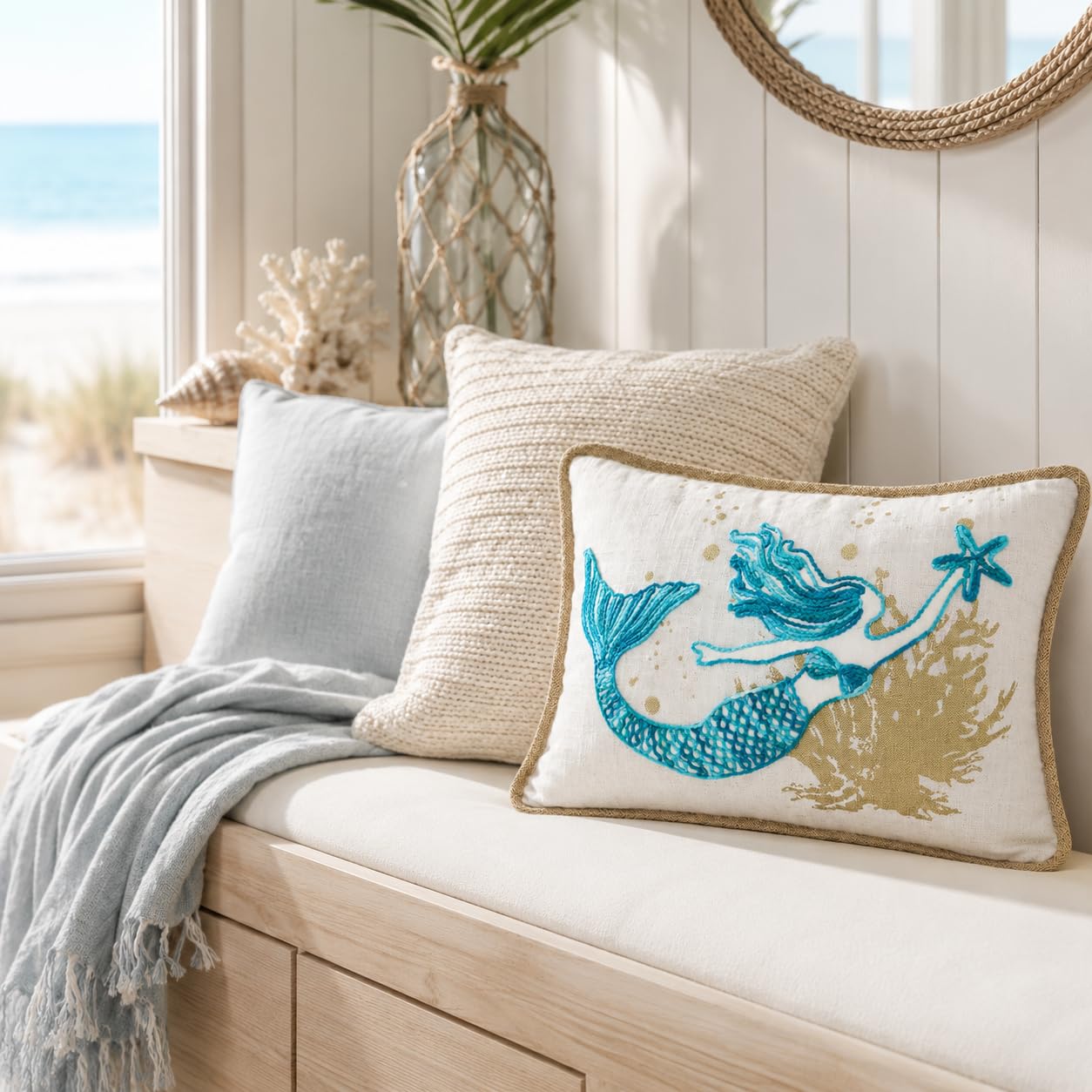 Comfy Hour Almohada de sirena de 18 x 13 pulgadas, decoración costera de estrella de mar | Estrella de mar, poliéster bordado azul azulado y dorado, decoración náutica para sofá, cama, sofá, oficina