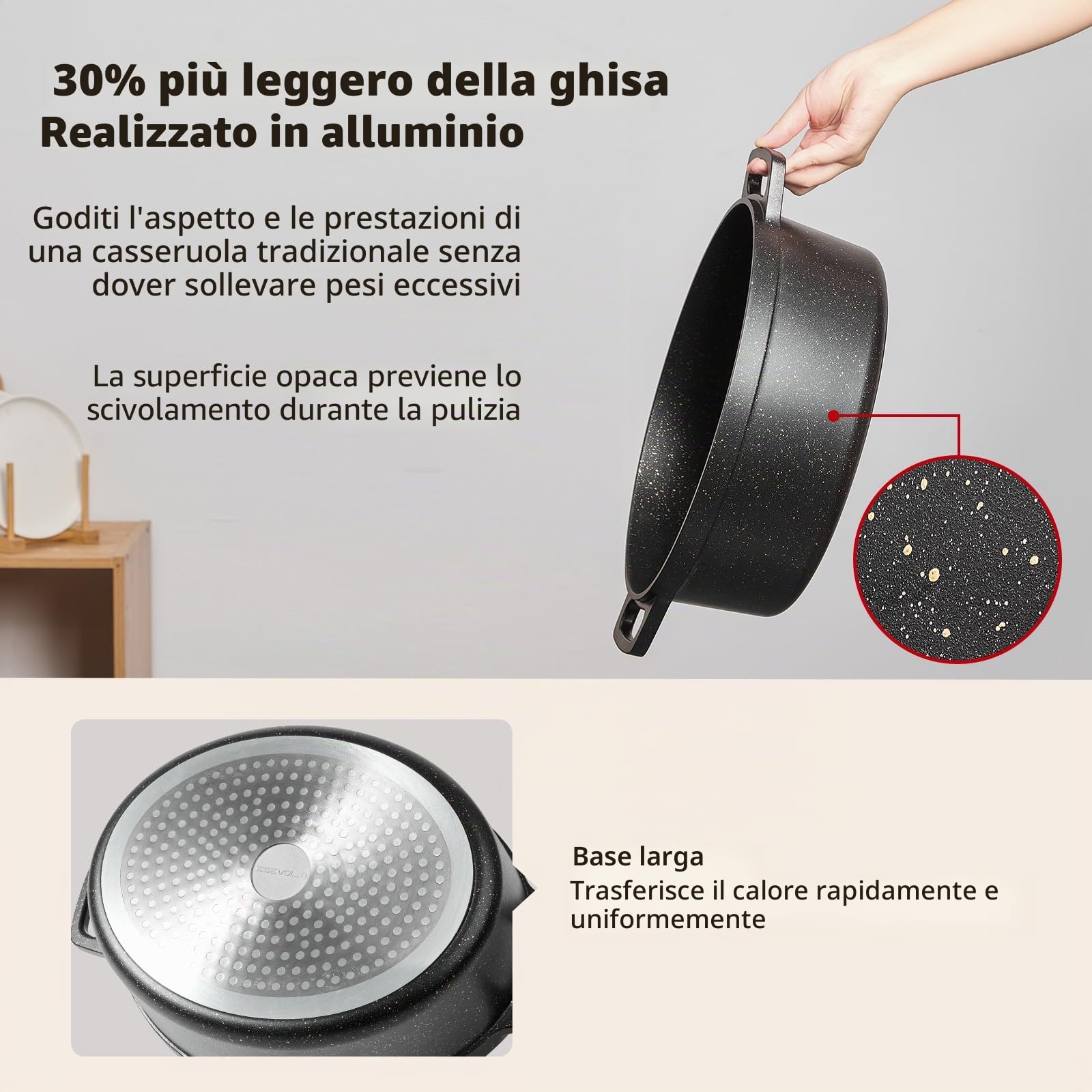 Casseruola ovale in ghisa a induzione Pentola 6,3 L 31 cm di alluminio, rivestimento antiaderente effetto pietra, nero