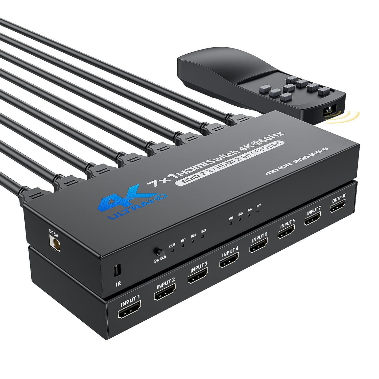 HDMI Switch 7 in 1 Out 4K@60Hz, BolAAzuL HDMI to HDMI Port Expander HDMI Hub Video Switcher Selector with Remote, Support 3D, HDCP2.2, HDR for PS5, Xbox Series X, HDTV, PC - w/Power Supply