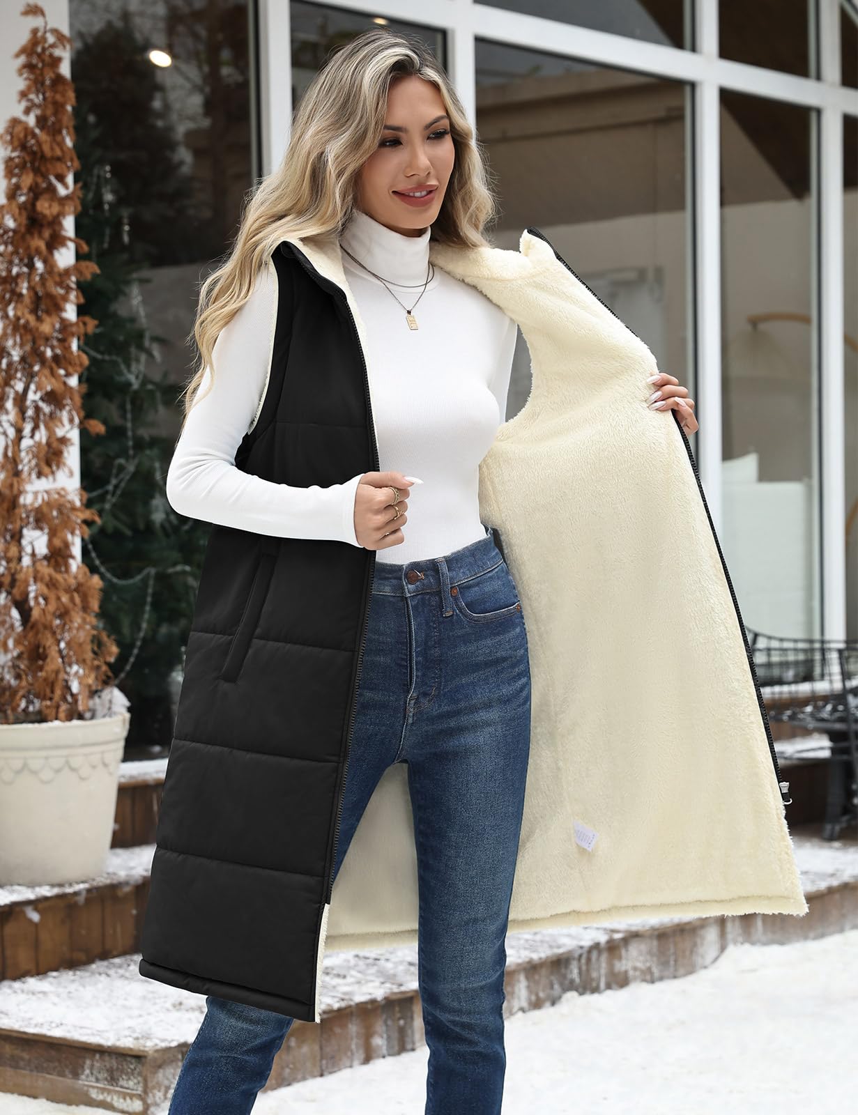 Vancavoo Chaleco Acolchado Mujer con Capucha Chaqueta sin Mangas Abrigo Plumas Largo Invierno Cálidos Chaleco de Forro Polar Outwear