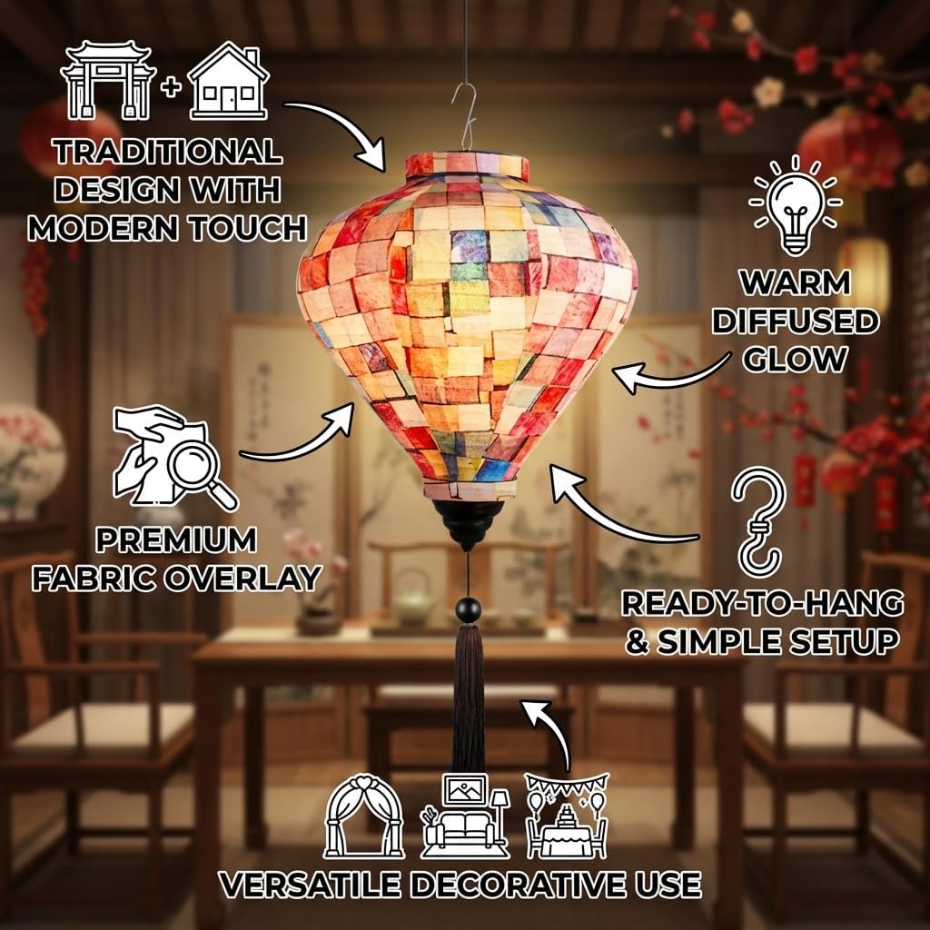 12" Color Matching Grid Chinese Cloth Lantern, Traditional Festival Hanging Lampshade, Decorative Paper Lantern with Fabric Overlay for Home Wedding Party Decoration