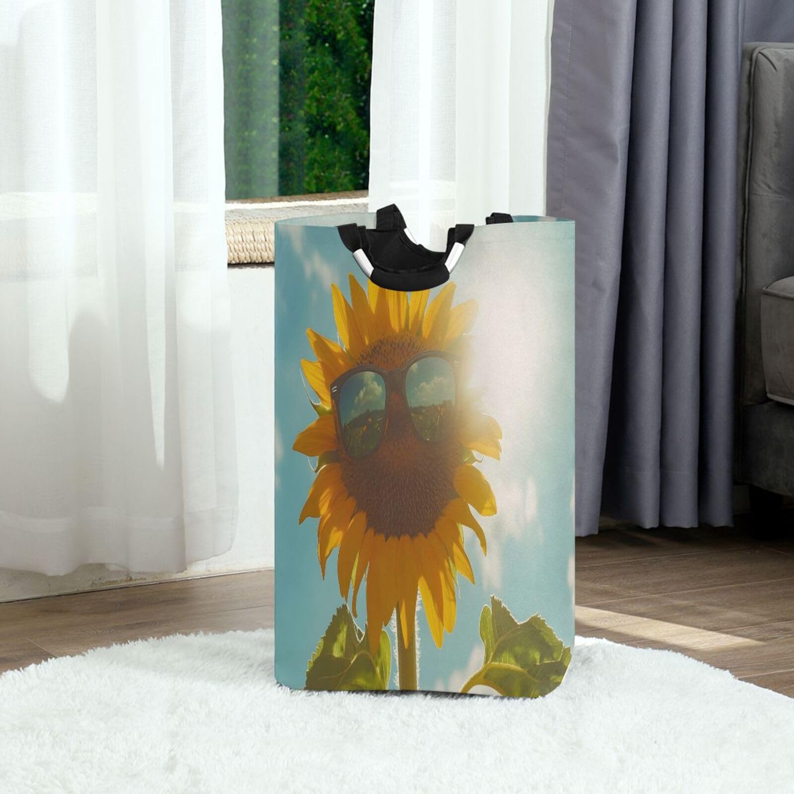 Jihqo Laundry Hamper Basket Sunflower in Sunglasses Collapsible Nursery Storage Bin Waterproof Clothing Baskets for Home Bedroom Bathroom Washing Room