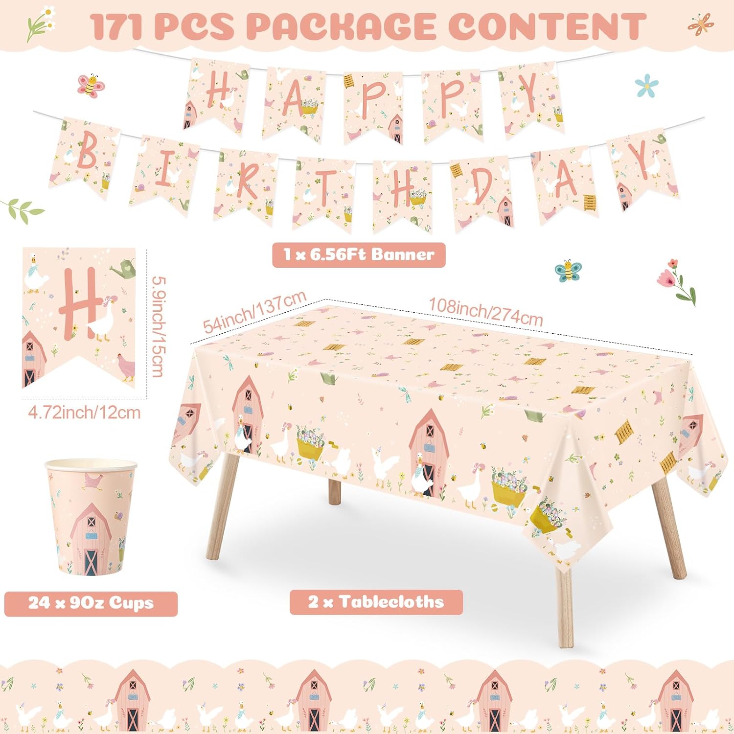 FoldTier 24 Set Silly Goose Birthday Party Tableware Decorations - Funny Farm Shed Banner, Tablecloths, Paper Plates, Napkins, Cups, Cutlery, 171 Pcs One Two Silly Goose Party Supplies for 24 Guests