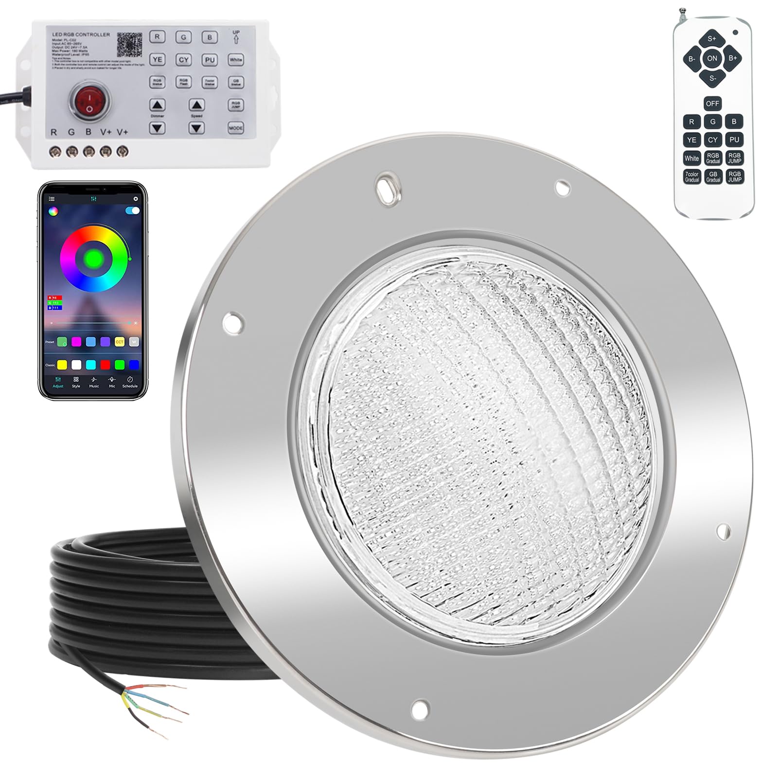 Photo 1 of Lamroro 60W 10 Inch LED Pool Light for Inground Pool, Color Changing Underwater Light with APP/Remote/Controller, 12V Safe Low Voltage, IP68 Waterproof, Fits 10" Wet Niches, 50FT Cord