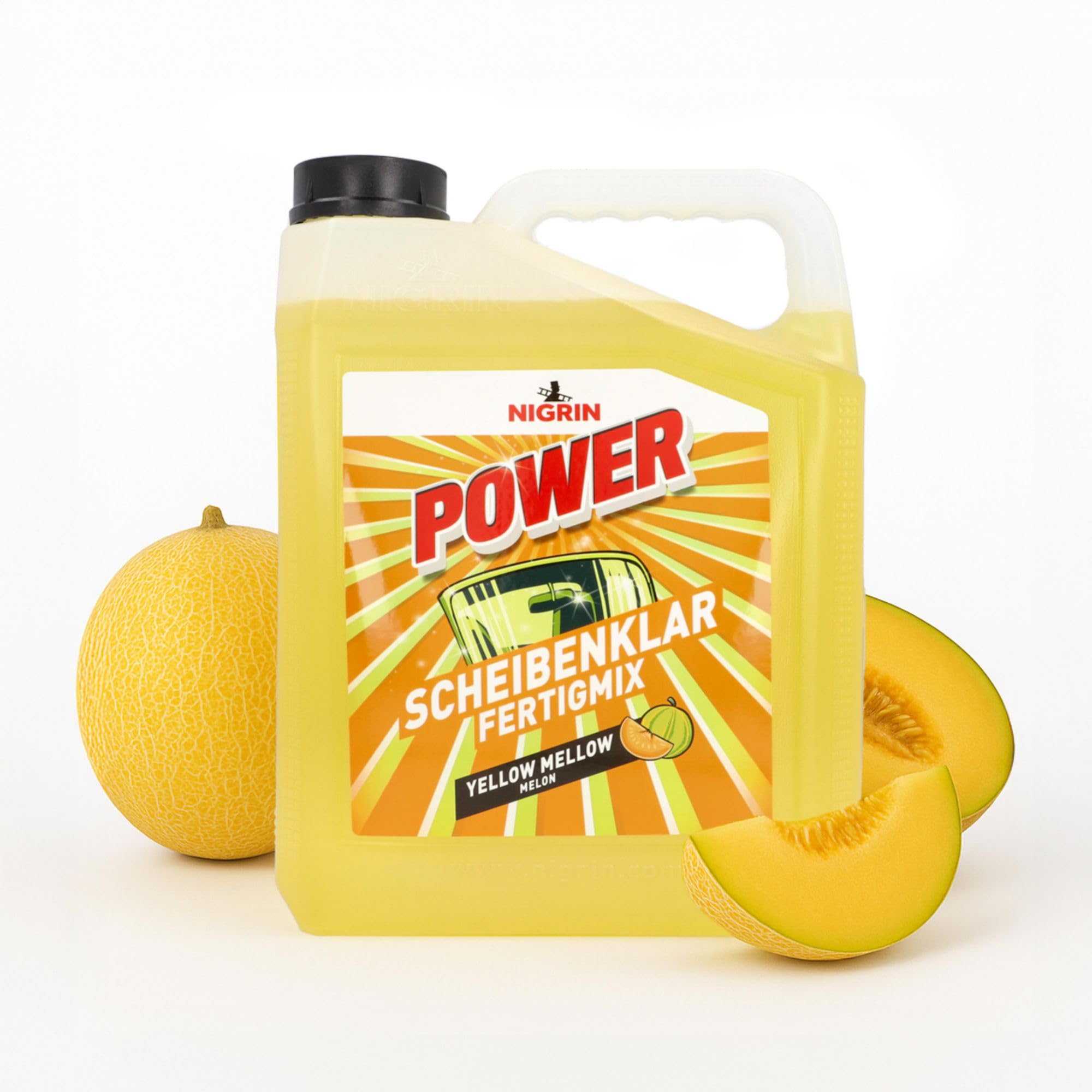 NIGRIN POWER Scheibenklar Fertigmix Melone | 5 Liter | Reinigungszusatz, Scheibenreiniger für Autoscheiben und Scheinwerfer, entfernt hartnäckige Verschmutzungen, schlierenfrei klare Sicht, ab 5 °C