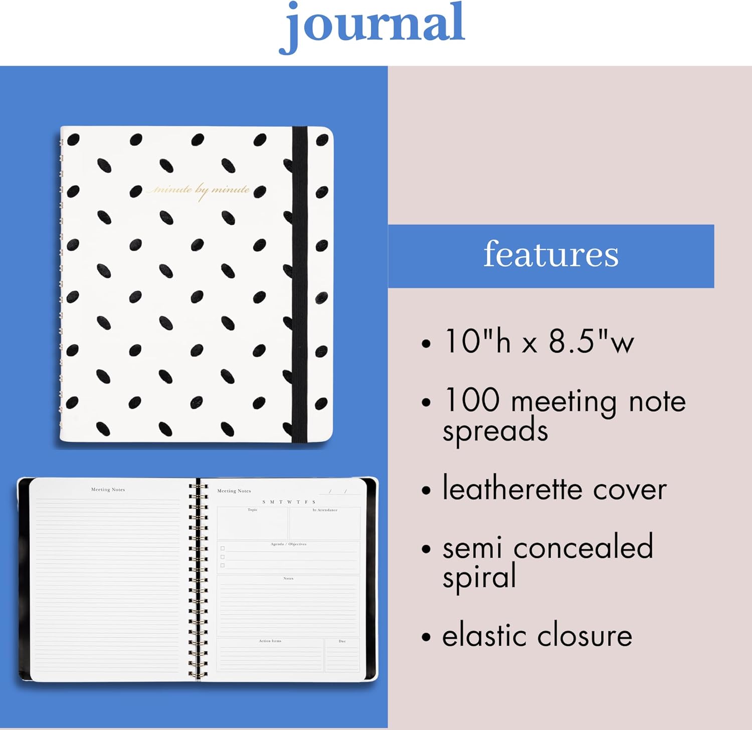 kate spade new york Meeting Notes Journal, 10" x 8.5" Spiral Notebook with 100 Entries, Leatherette Cover, Elastic Closure, Work Organizer for Notes, Objectives & Action Items (Almond Dot)