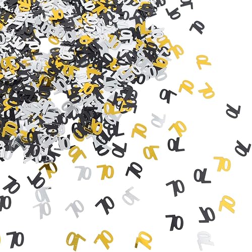 Confeti brillante número 70 para decoración de fiesta de aniversario de 70 cumpleaños, color negro dorado y plateado, 1.59 onzas