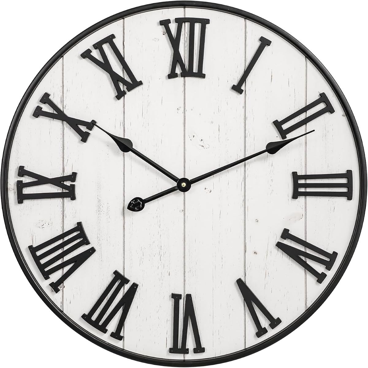 Large Rustic Wooden Wall Clock, 24 Inch Whitewashed Farmhouse Wall Clock with Carved Roman Numerals, Silent Battery Operated Round Vintage Clock for Living Room, Kitchen, Bedroom, Study Room