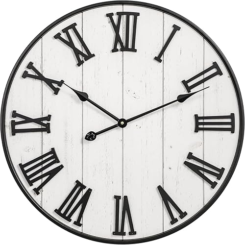Miniatura 1 de MODE HOME Reloj de pared grande de madera rústica, de 24 pulgadas, con números romanos tallados, reloj redondo vintage silencioso a pilas para sala