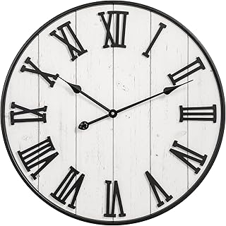 MODE HOME Large Rustic Wooden Wall Clock, 24 Inch Whitewashed Farmhouse ...