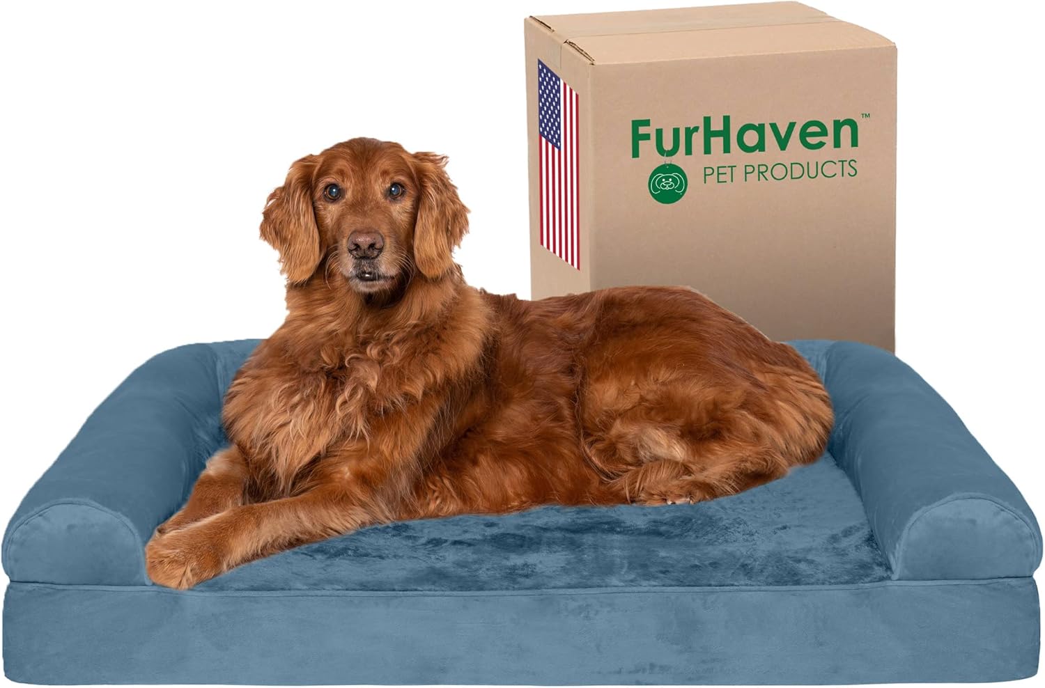 Furhaven Orthopedic Dog Bed for Large Dogs w/ Removable Bolsters & Washable Cover, For Dogs Up to 95 lbs - Faux Fur & Velvet Sofa - Harbor Blue, Jumbo/XL Orthopedic Foam 40.0"L x 32.0"W x 8.0"Th (Faux Fur & Velvet) Harbor Blue