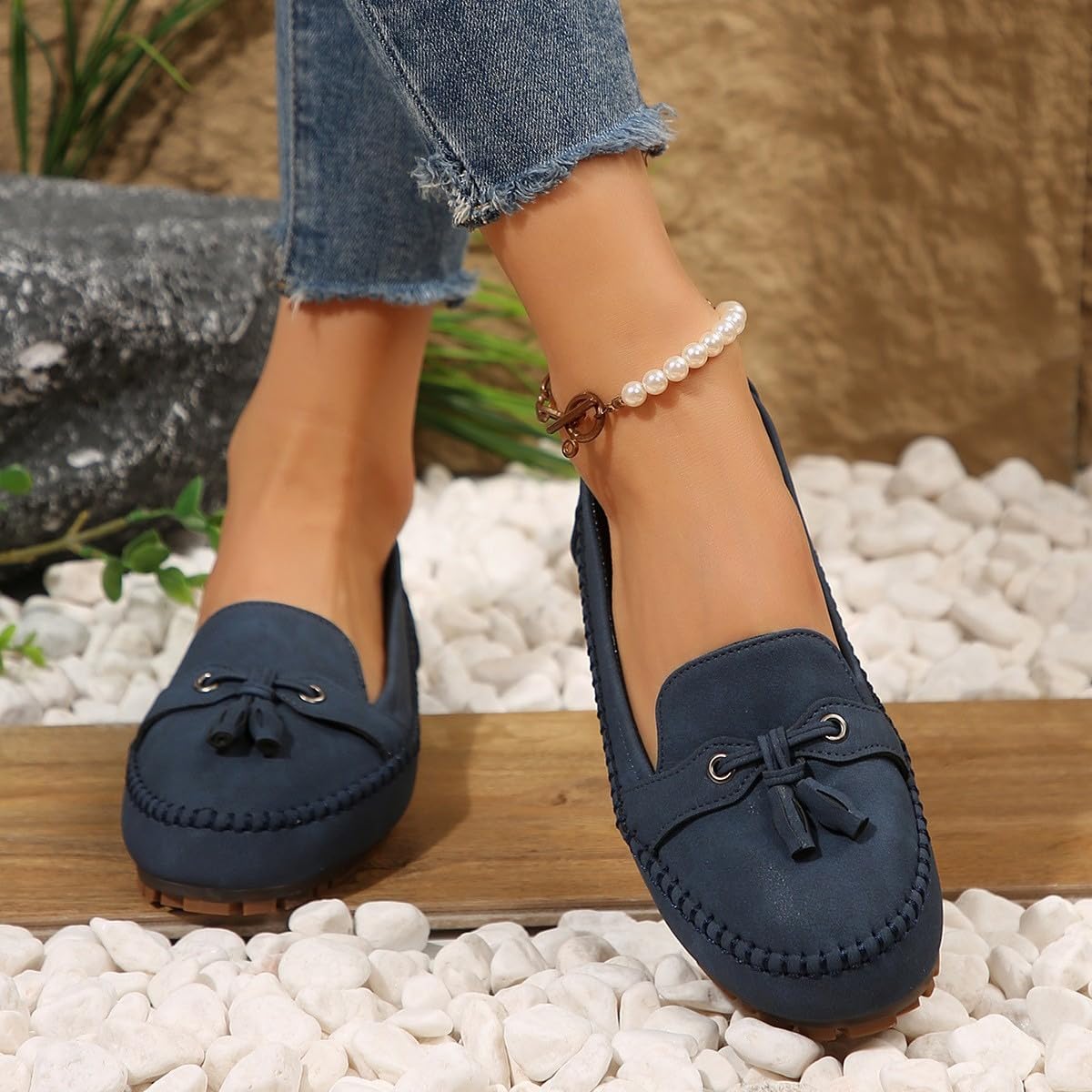Mocasines vintage cómodos de piel de ante para mujer, zapatos planos ortopédicos suaves de ajuste ancho con soporte de arco, mocasines transpirables para conducir, Blue, 40.5 EU
