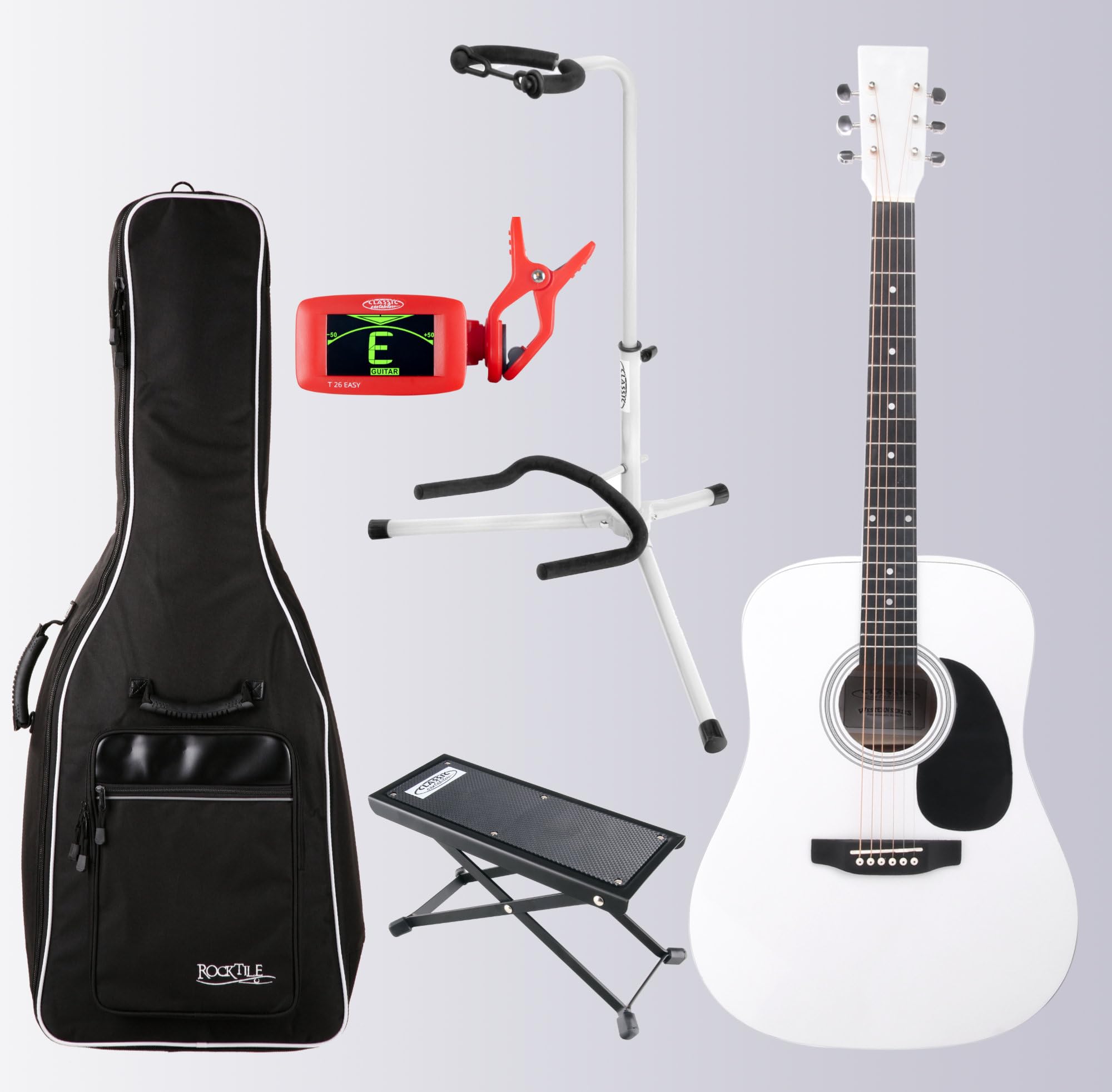Classic Cantabile WS-10WH Westerngitarre Set - Dreadnought-Style - Korpus: Linde laminiert - inkl. Tasche, Gitarrenständer, Fußbank und Stimmgerät - weiß