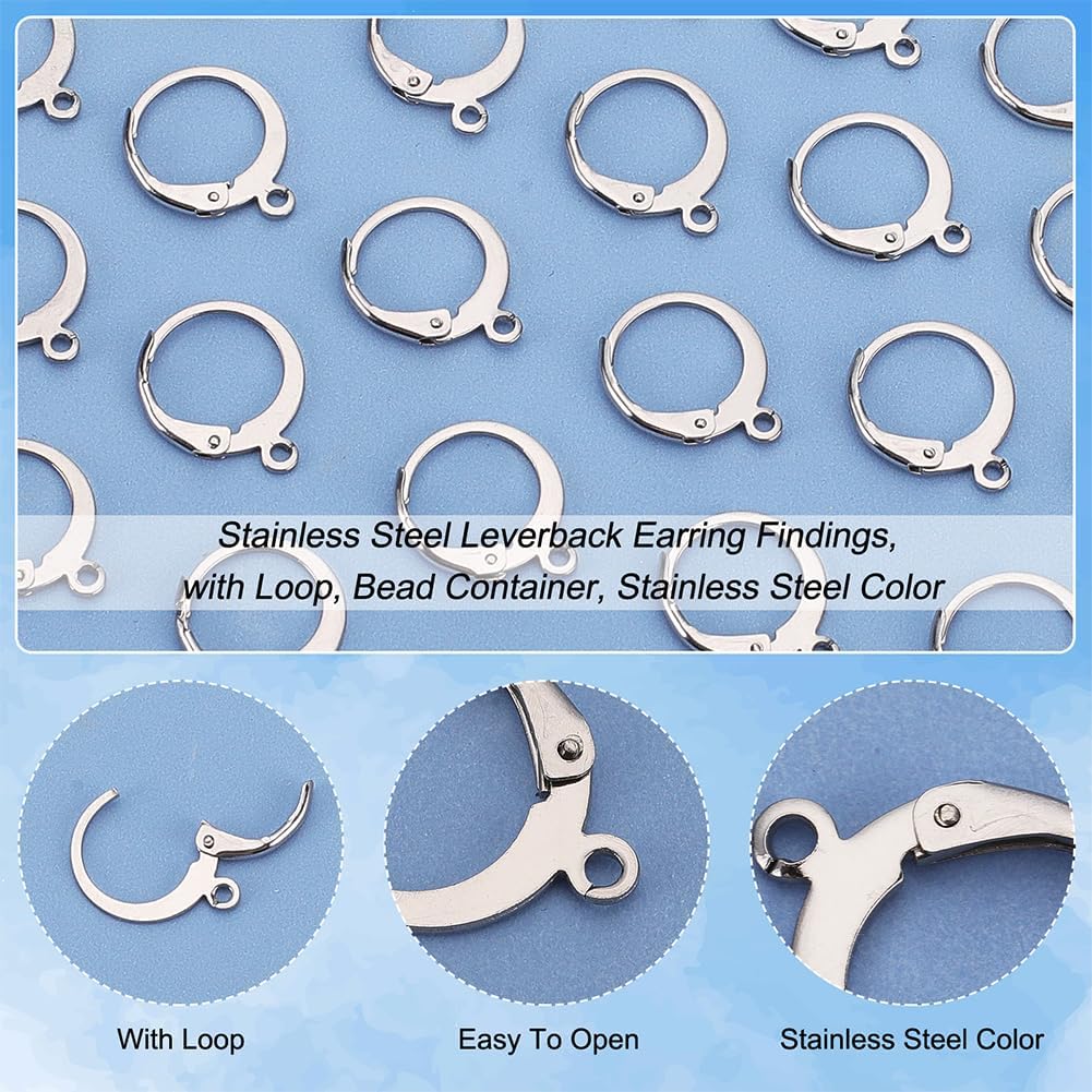 PH PandaHall 50 Pcs 304 Stainless Steel Lever Back Earring Hooks Earwire with Open Loop 14.5x12x2mm for Jewelry Making - Image 4