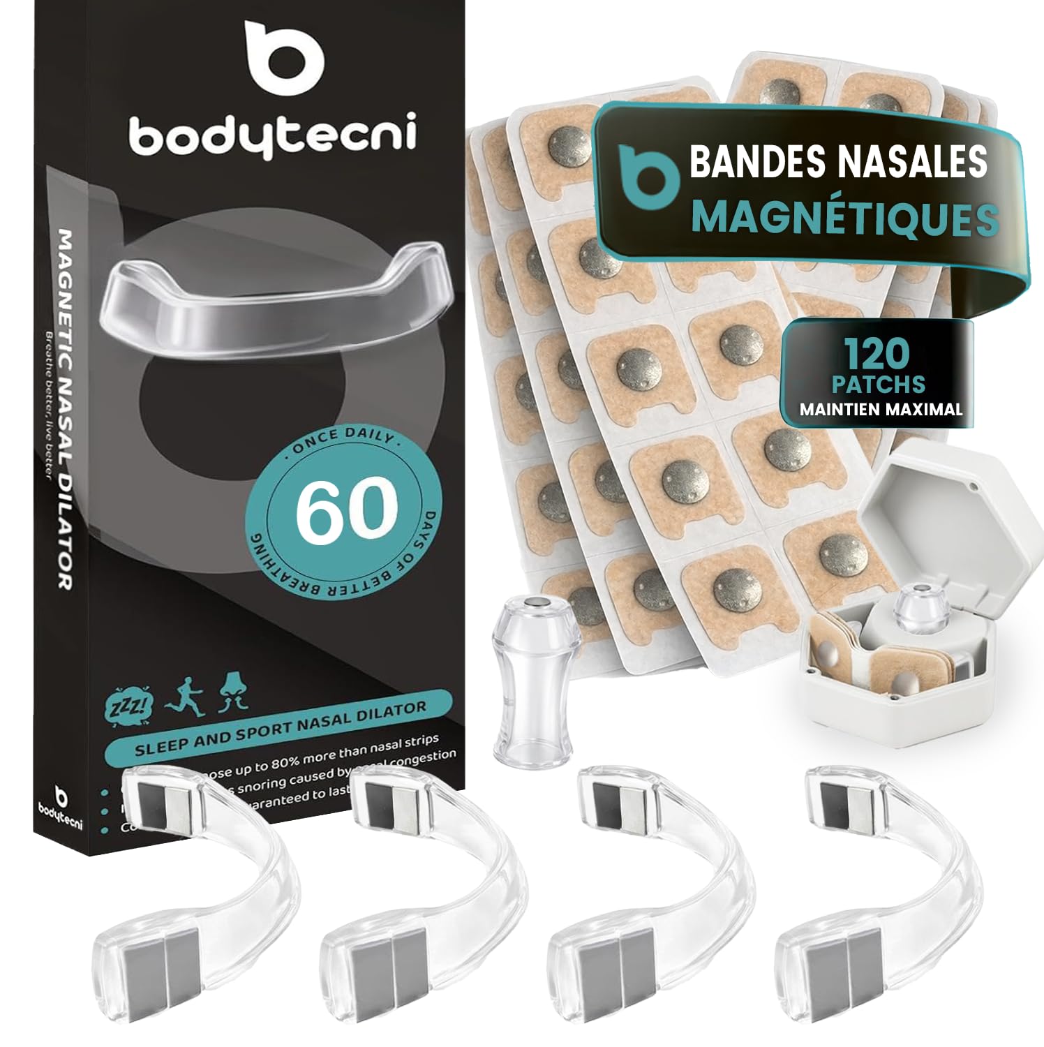 Bandelettes Nasales Magnétiques Premium PRO EDITION | MEGAPACK 120 PATCHS AMÉLIORÉS + ÉTUI DE RANGEMENT | Anti-Ronflement pour Mieux Dormir, Aide à Mieux Respirer