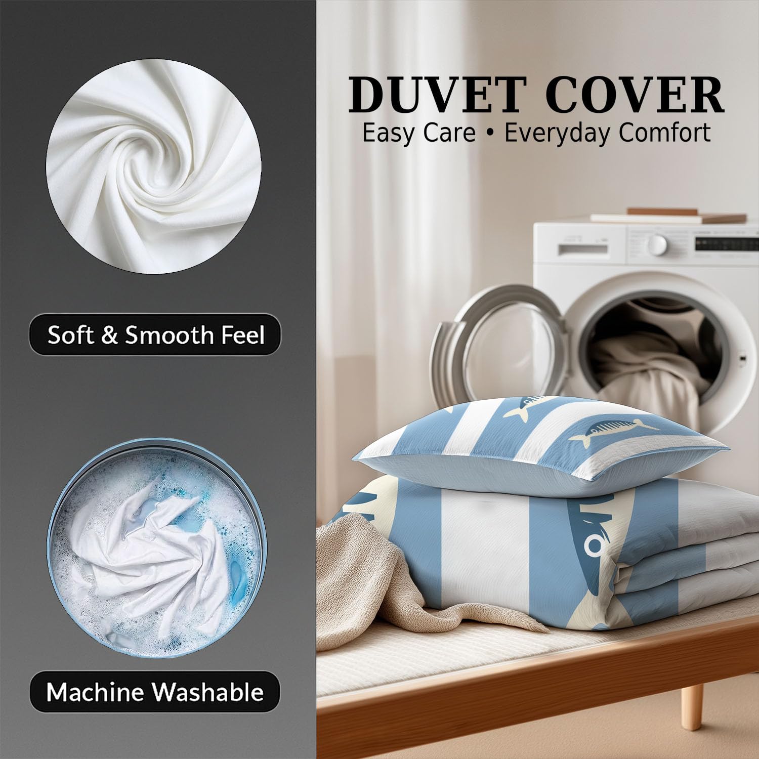 Poszwa na kołdrę Zima w paski - 220 x 240 cm - Dwustronna niebieska Ice Microfiber - 2 poszewki na poduszki w zestawie - Pościel morska Świeży wzór ryb - Morbid Microfiber Duvet Cover