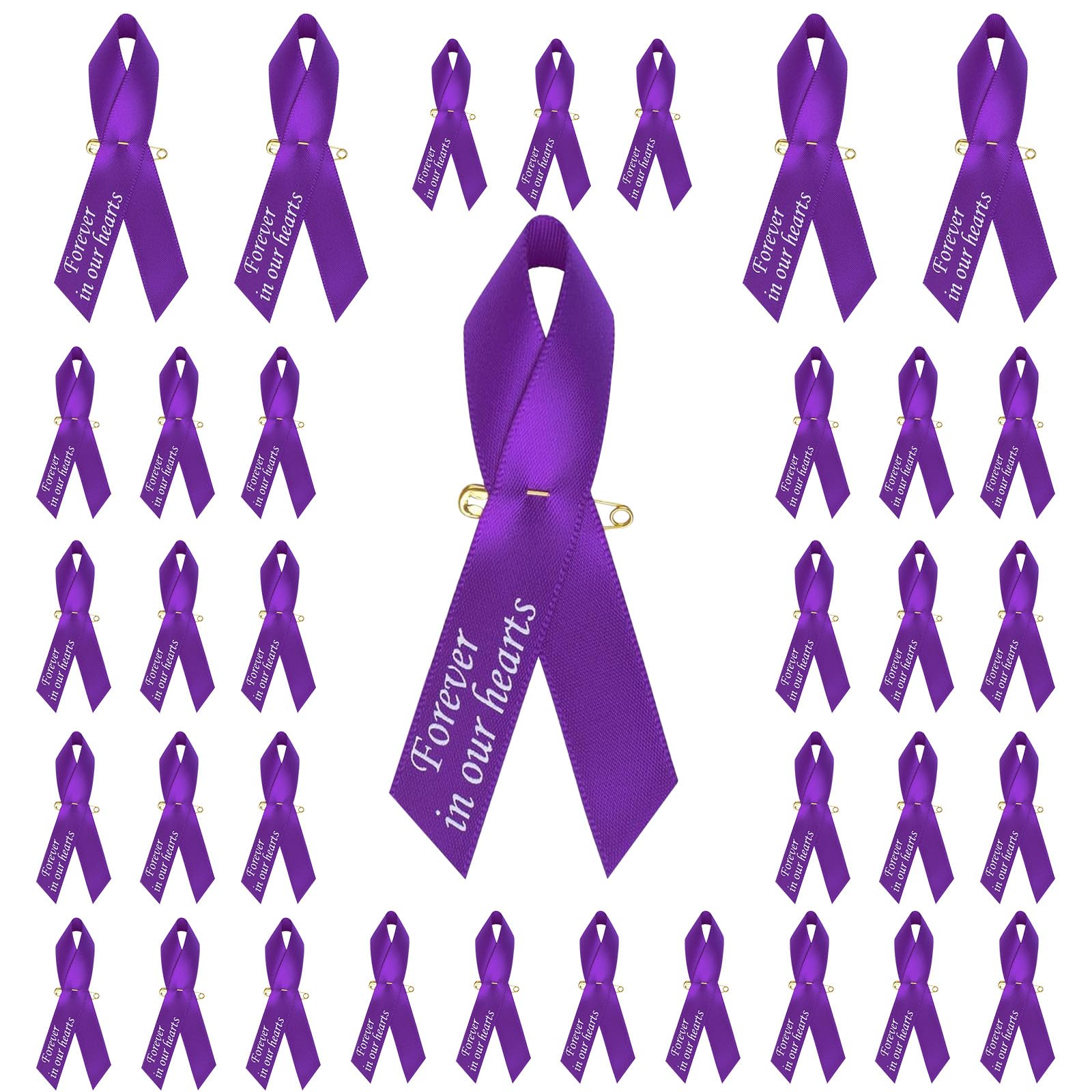 100 PCS Purple Ribbon Pins, Memorial Ribbons in Forever in Our Hearts for Funeral Mourning Event Bereavement Remembrance (Purple)