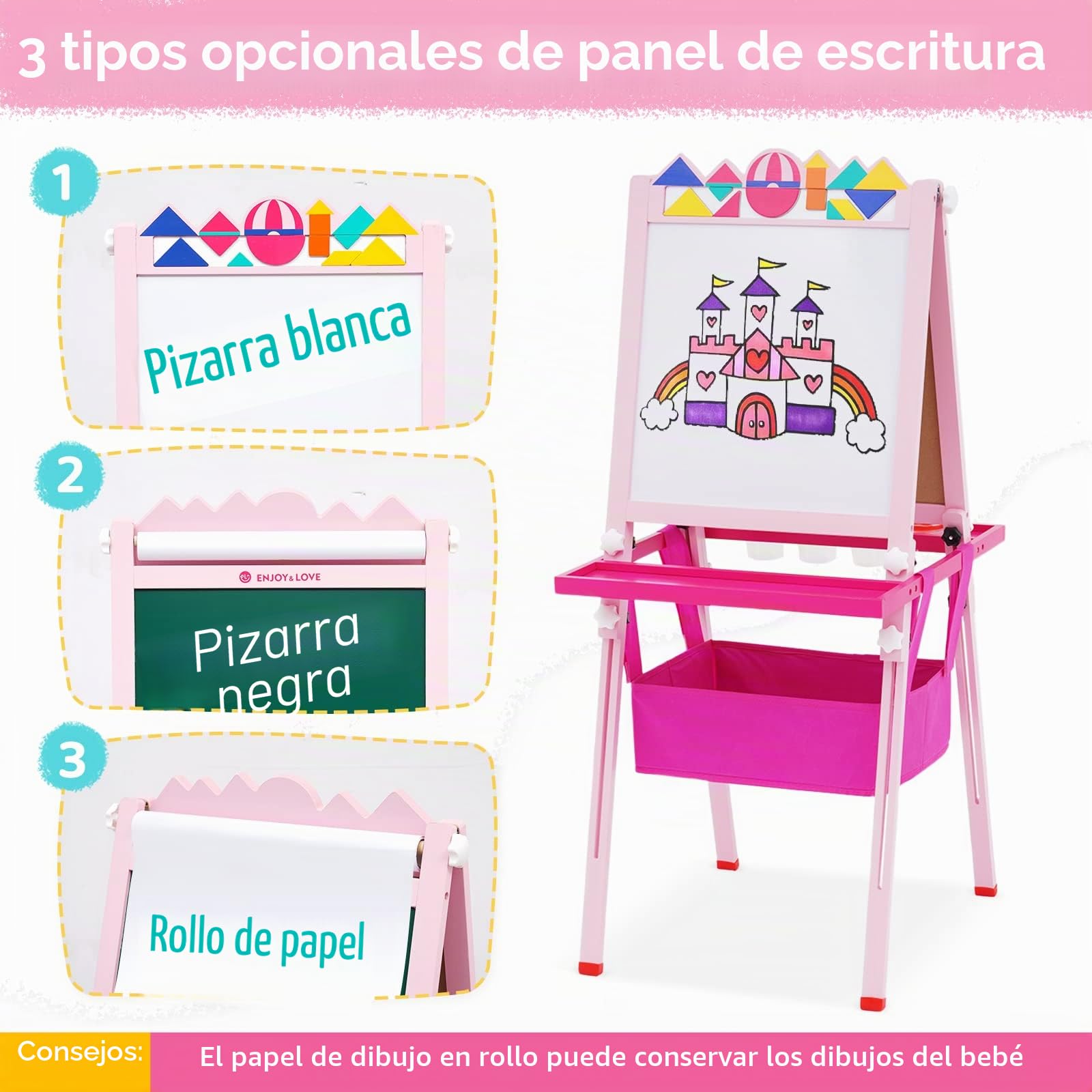 Pizarra Infantil Caballete, Altura Ajustable, Pizarra Blanca y Pizarra de Tiza de Doble Cara con Rollo de Papel, Juego de Arte de Madera de Pie para Niños, Regalo para Niños y Niñas (Rosa)