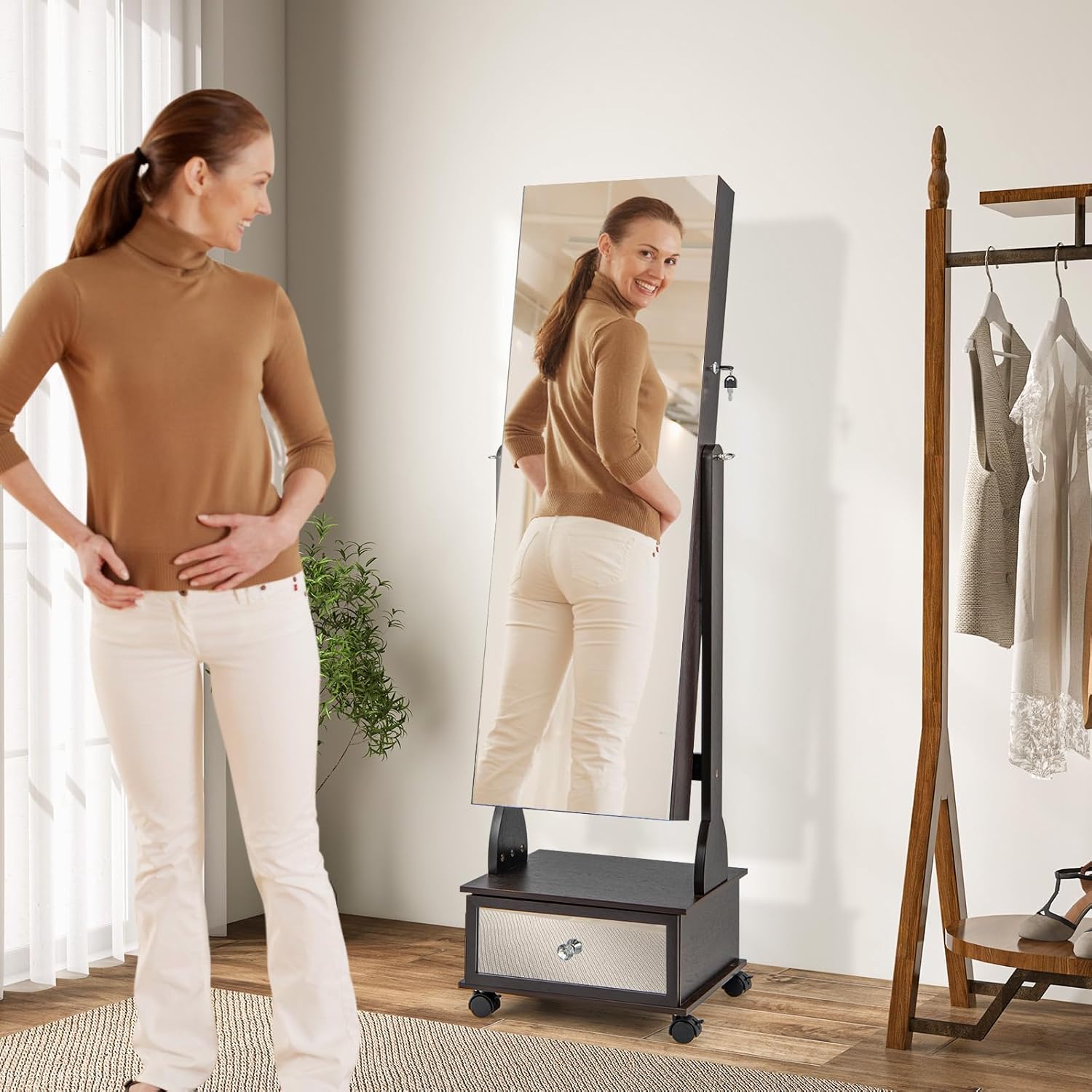 LOKO Standing Jewelry Armoire with Wheels, Lockable Jewelry Organizer with Full-Length Mirror, Vanity Mirror, 3-Color LED Lights, Jewelry Cabinet with Adjustable Angles for Bedroom (Brown)