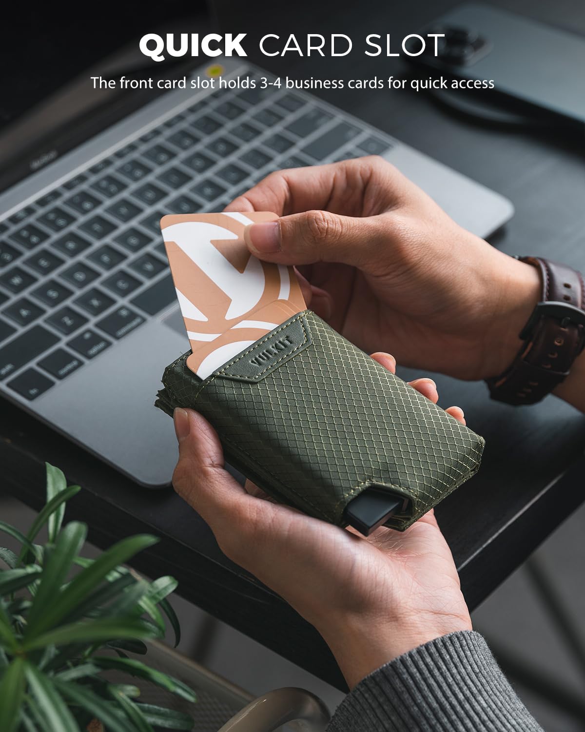 VULKIT Bifold Pop up Card Holder with Money Compartment Business Card Case Minimalist Front Pocket Wallet for Men (Green)