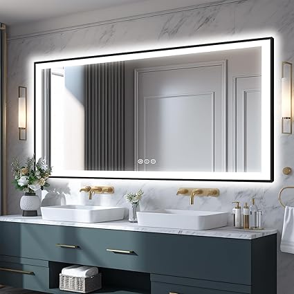 Large 84x40 Light Up Bathroom Mirror -Black Aluminum Edge (Front and Backlit), Anti-Fog Vanity Mirror with Lights,Stepless Dimmable Lighted Mirror,3 Colors Smart Mirror(Horizontal/Vertical)