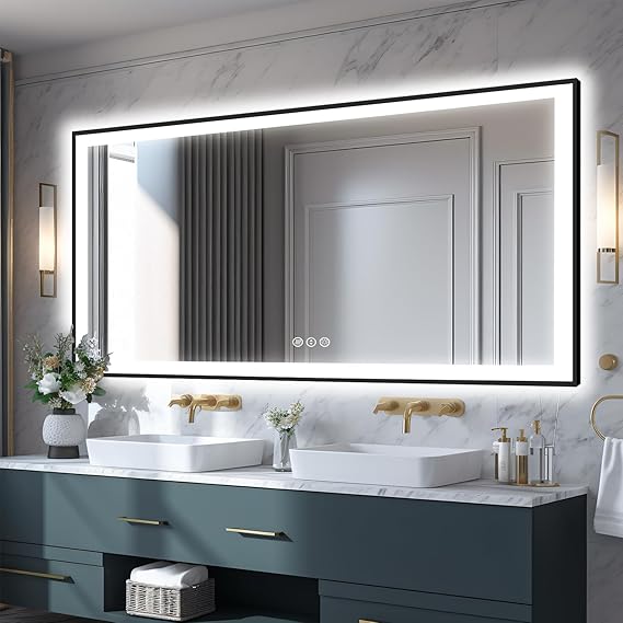 Large 84x40 Light Up Bathroom Mirror -Black Aluminum Edge (Front and Backlit), Anti-Fog Vanity Mirror with Lights,Stepless Dimmable Lighted Mirror,3 Colors Smart Mirror(Horizontal/Vertical)