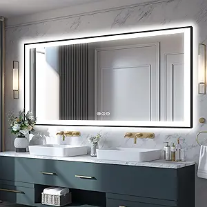 Large 84x40 Light Up Bathroom Mirror -Black Aluminum Edge (Front and Backlit), Anti-Fog Vanity Mirror with Lights,Stepless Dimmable Lighted Mirror,3 Colors Smart Mirror(Horizontal/Vertical)