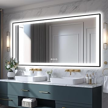 Large 84x40 Light Up Bathroom Mirror -Black Aluminum Edge (Front and Backlit), Anti-Fog Vanity Mirror with Lights,Stepless Dimmable Lighted Mirror,3 Colors Smart Mirror(Horizontal/Vertical)