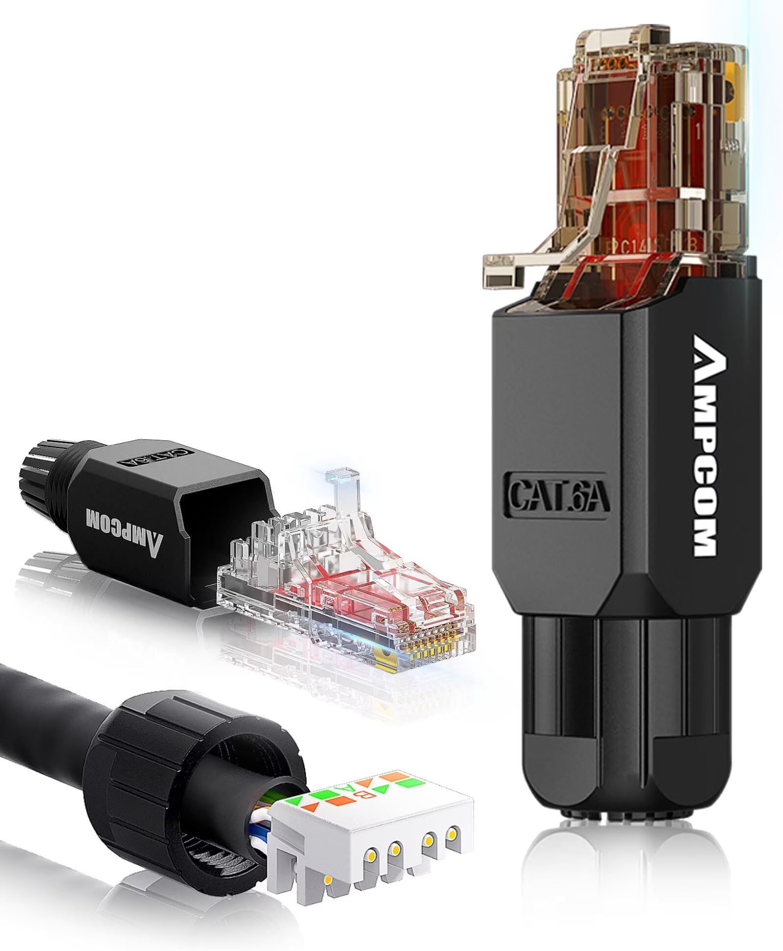 Cat6A Tool Free RJ45 Connector UTP Field Termination Modular Plug for 23-26 AWG Unshielded Ethernet Cable (Black, 6 Pack)