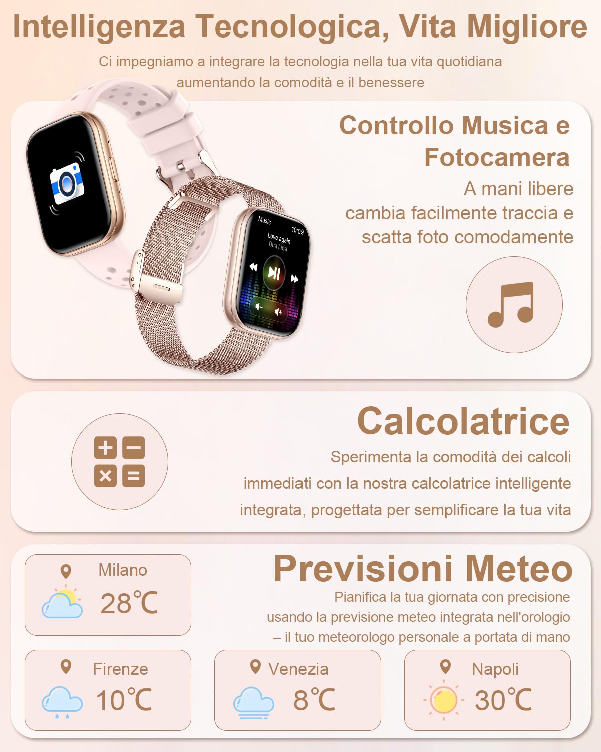 Orologio Smartwatch Donna con Chiamata 4 Cinturini 1.75" Orologio Donna con Contapassi Sonno Frequenza Cardiaca SpO2 Calcolatrice 110+ Sportive Smart Watch per Android iOS, Oro Rosa