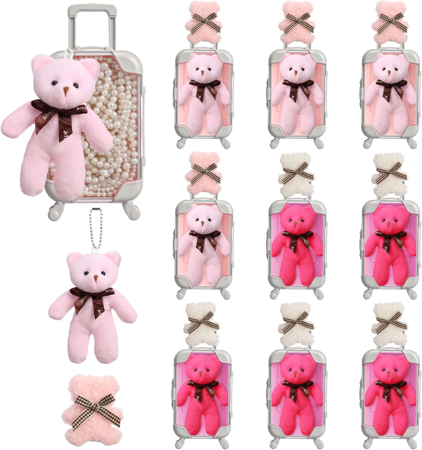 - Kenning 30 Pcs Mini Empty Suitcase Storage Box Clear Travel Candy Box Suitcase with Bear Keychain Hairpin for Girls Women Wedding Birthday Bridal Shower Party Favors Travel Gifts (S,Vivid Color)