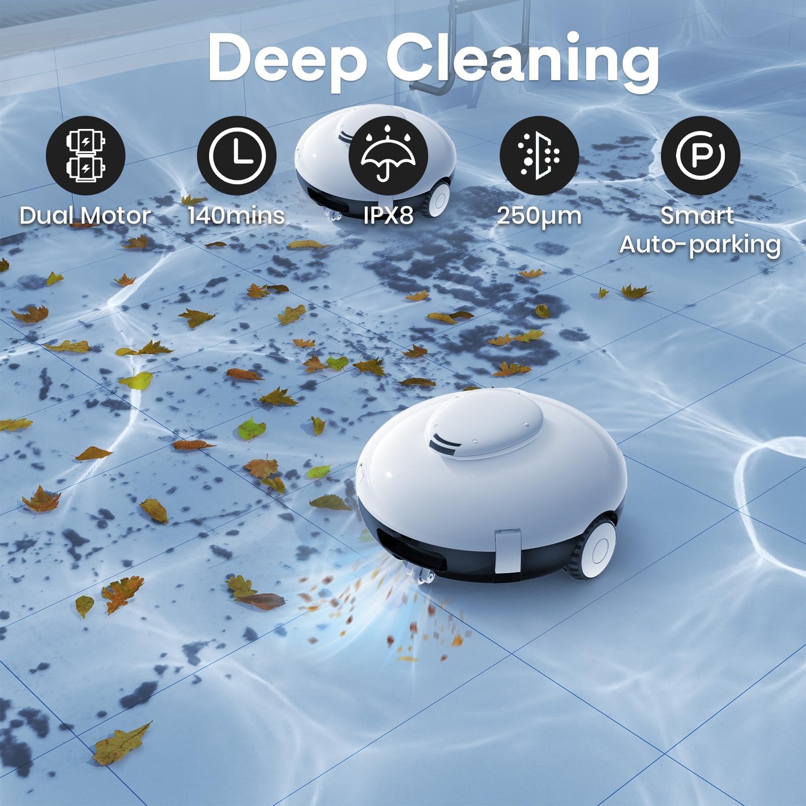 Robot aspirateur de piscine sans fil pour piscine hors sol | Filtration double couche, autonomie de 90 minutes, auto-stationnement, nettoyage jusqu'à 80 m²