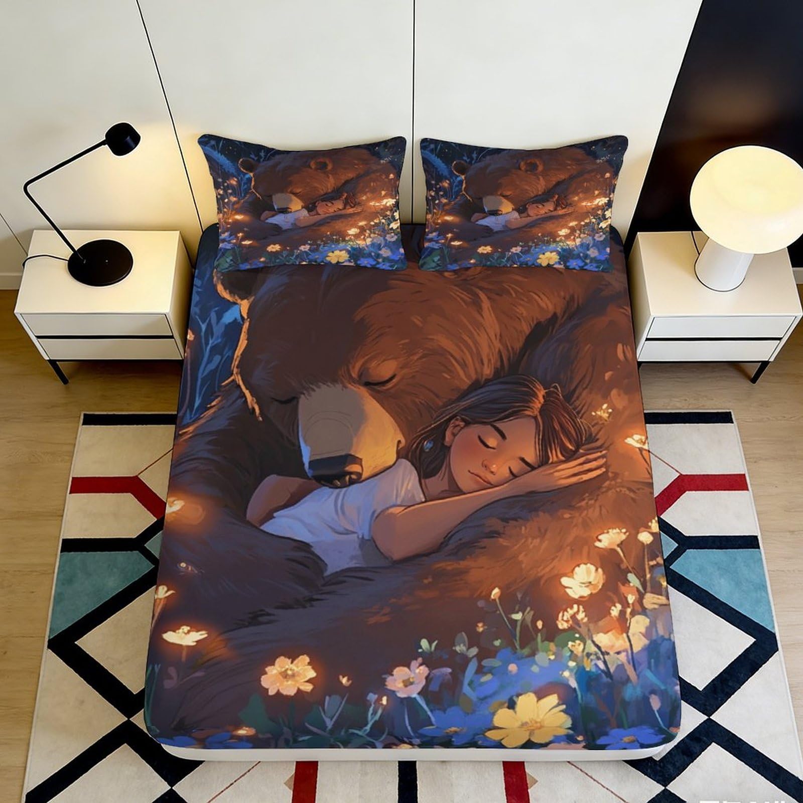 3D Printed Bear Hug Fitted Sheet Microfiber Soft Brown Forest Night Mattress Cover for Bedroom Dorm Decor 90x200x25cm