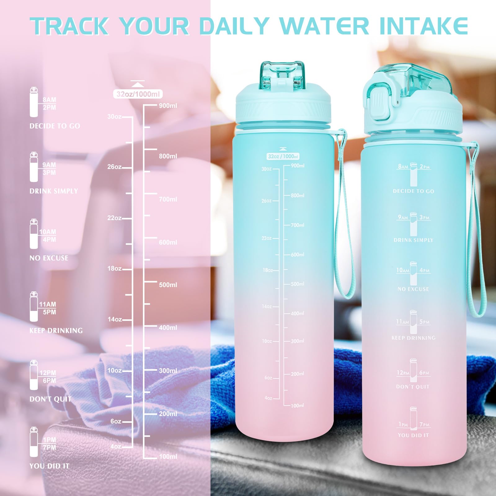 CodiCile Borraccia sportiva da 1 l, con cannuccia e tacche orarie, verde e rosa