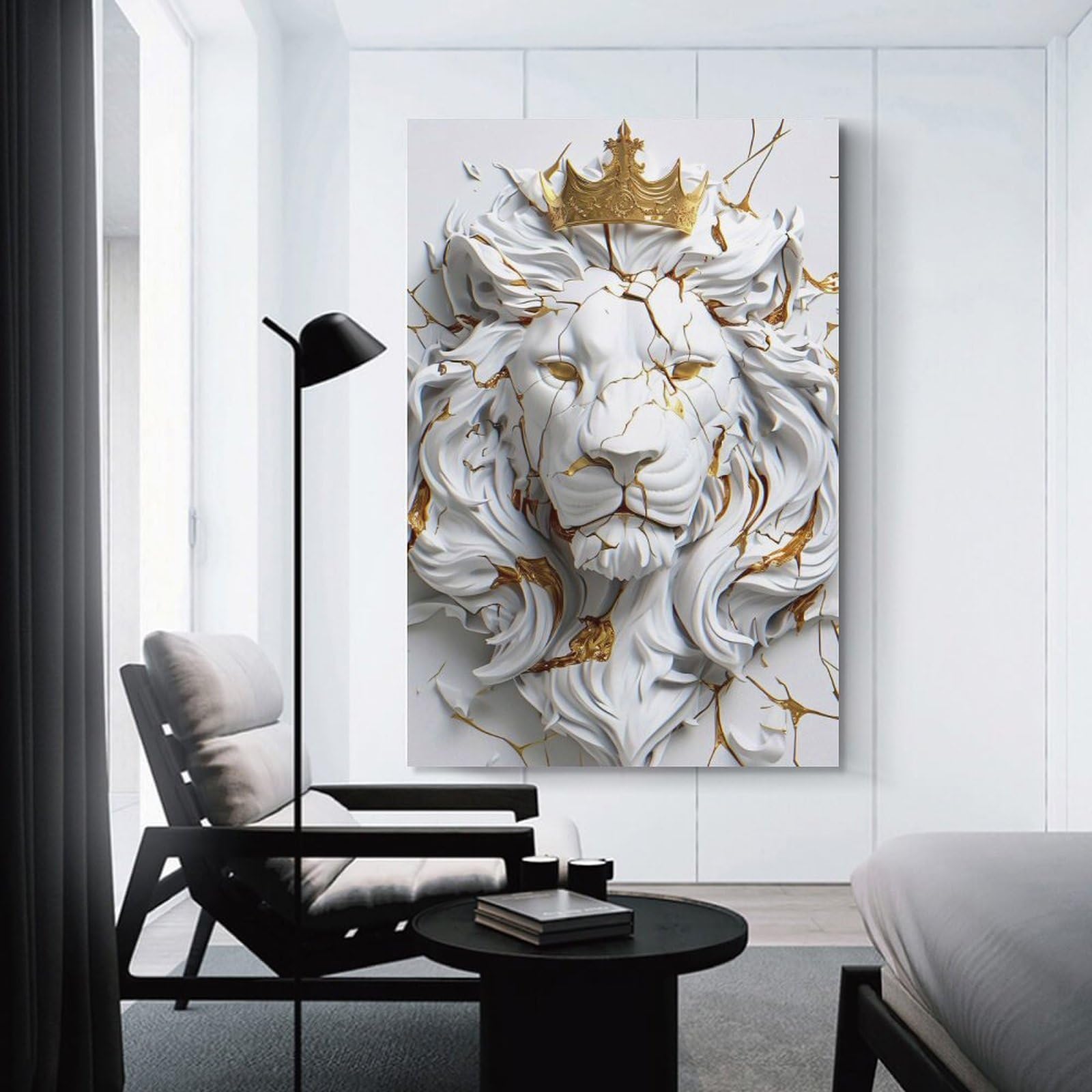Junmoney Cracked White Lion with Gold Crown Canvas Wall Decor, 20x30inch(50x75cm), for Art Walls, Layered Displays Or Homes, Home Wall Art for Statement Displays