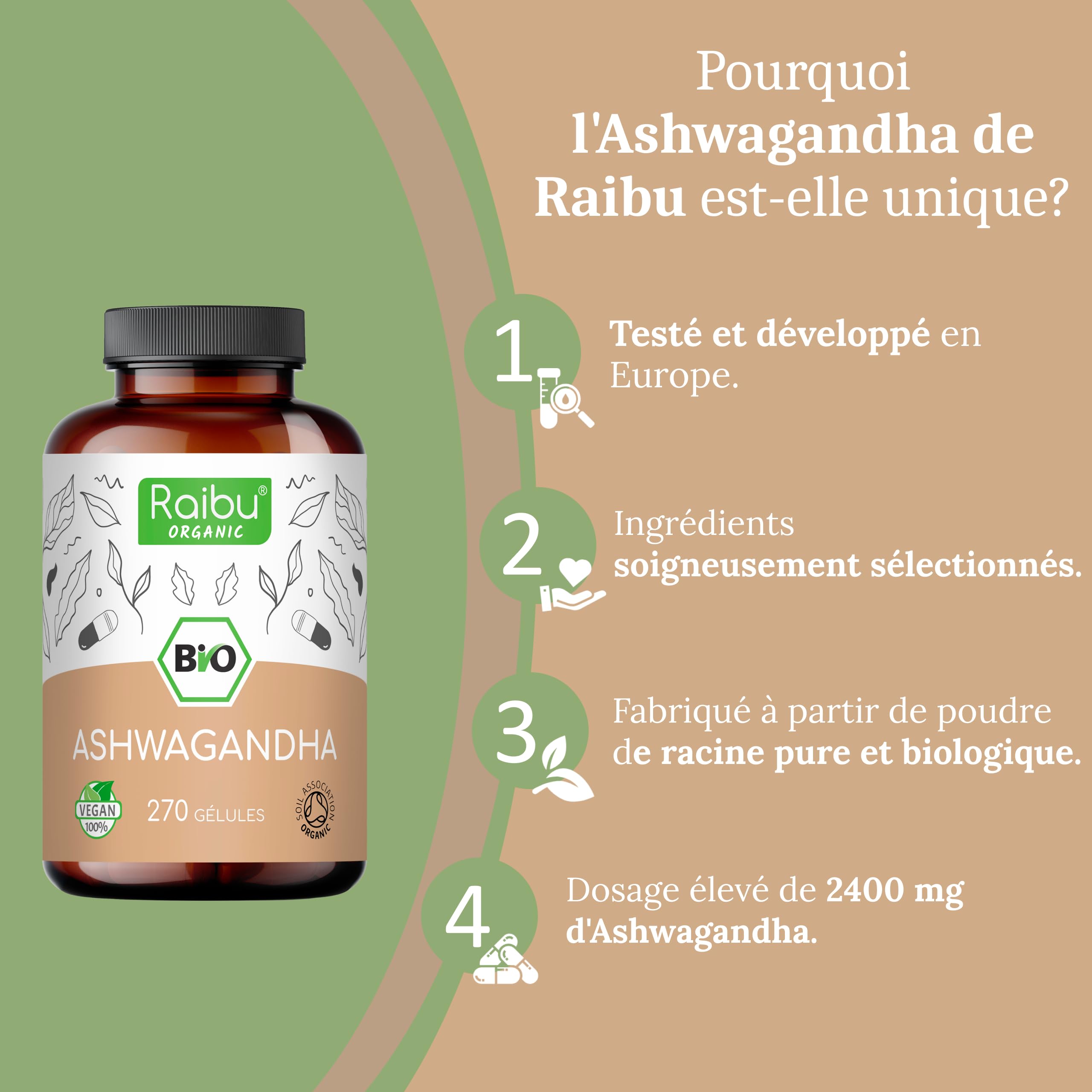 Ashwagandha BIO - 270 Gélules - Extra Fort : 2400 mg/jour - Ashwagandha Biologique Certifiée (Ginseng Indien/Withania Somnifera) - Sans Additifs, Végétalien - Pour votre Bien-être - Raibu