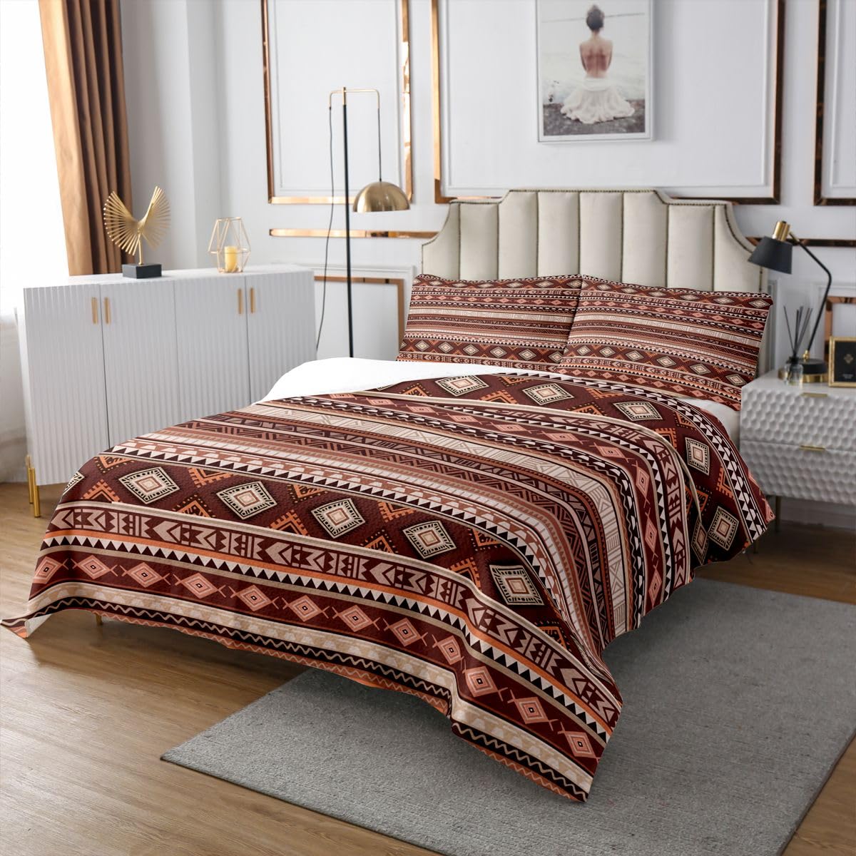 Homewish Boho Südwestlich Bedspread Bauernhaus Azteke Braun Tagesdecke 220x240cm Rustikales Geometrisches Muster Steppdecke für Kinder Westlicher Stammes Aztekenstil Bettüberwurf