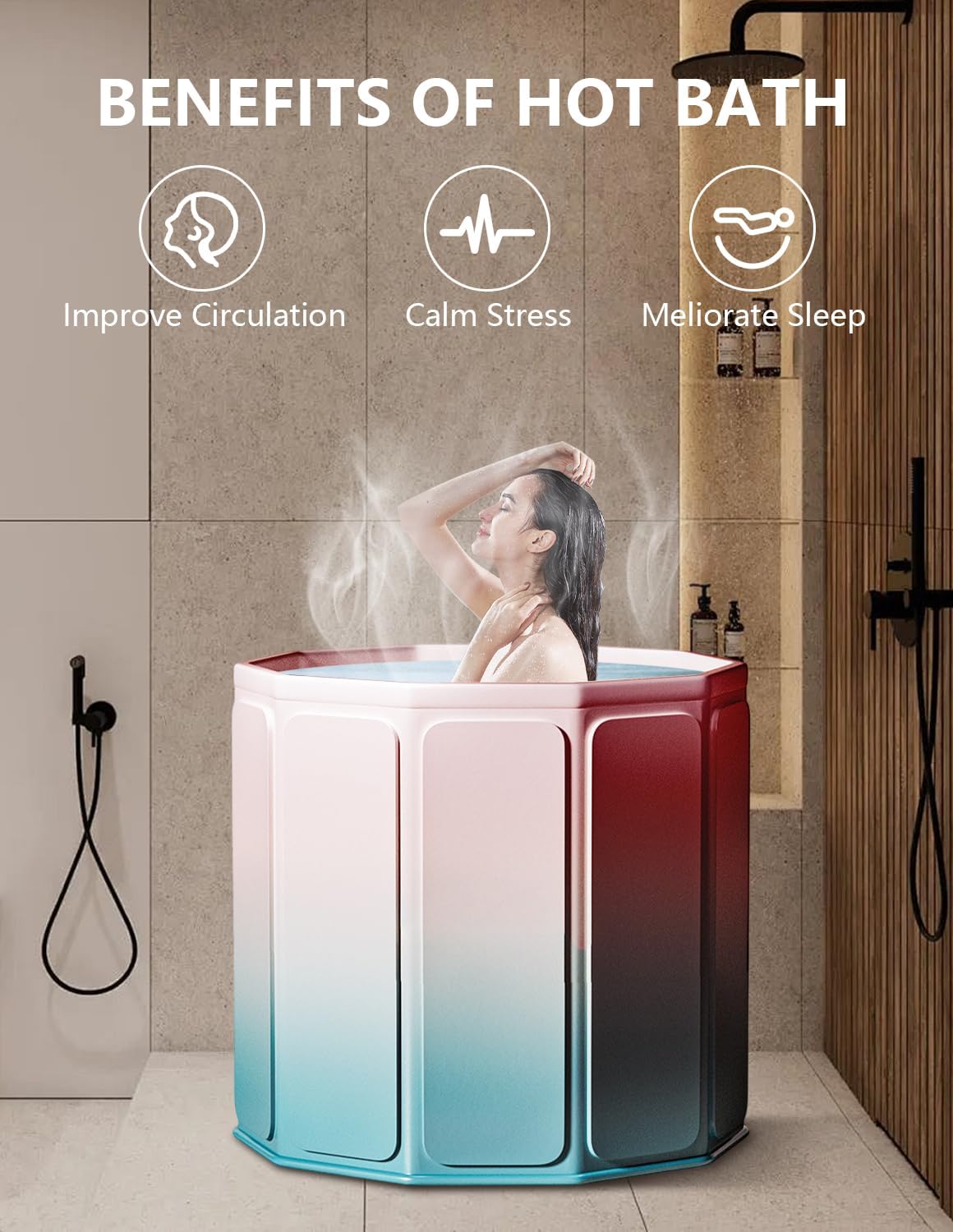 Portable Bathtub for Adults, Collapsible Freestanding Bathtub for Shower, Hot Ice Bath Tubs with Thickened Thermal Foam to Keep Temperature, PVC Outdoor Soaking Tub (Blue-pink Gradient, 80cm)