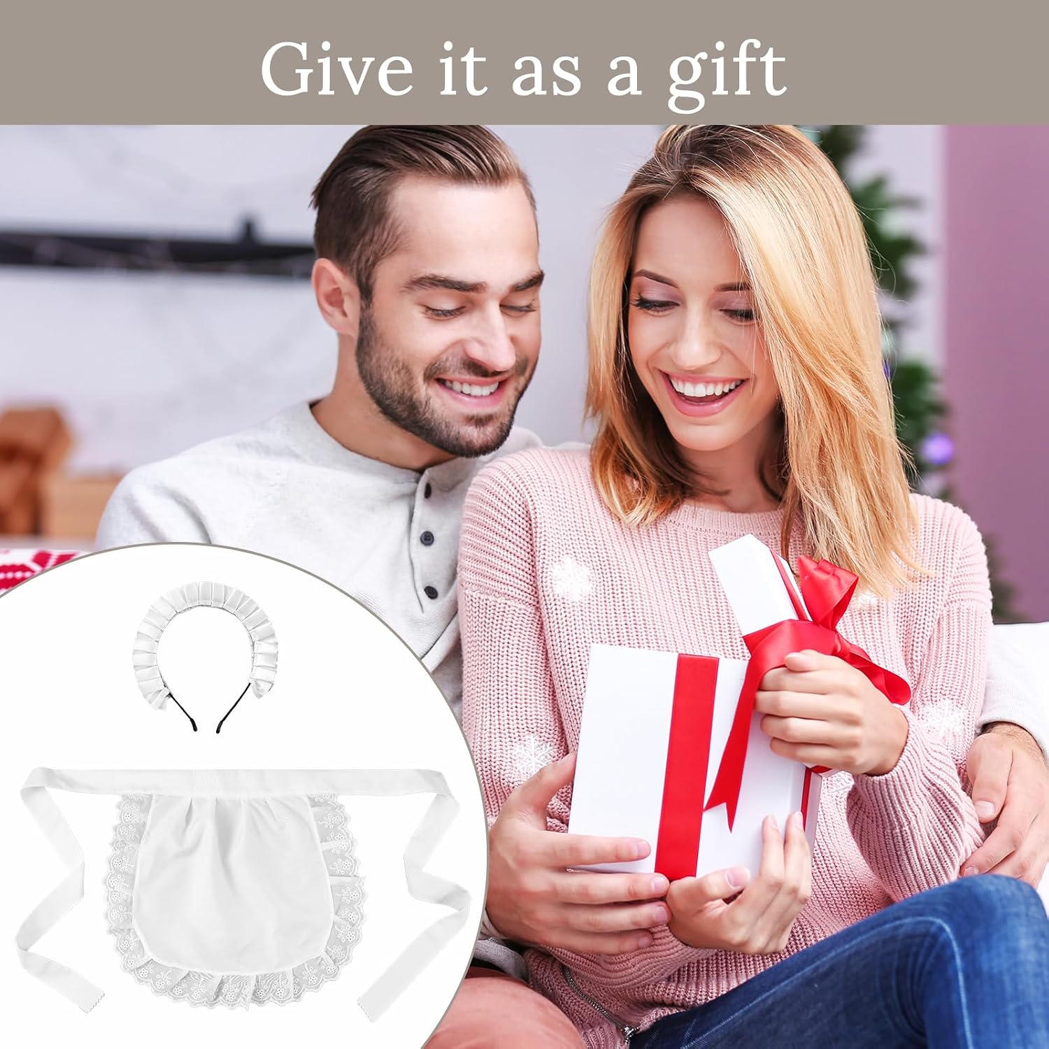 Maid Apron White Waist Apron with French Headdress for Kitchen