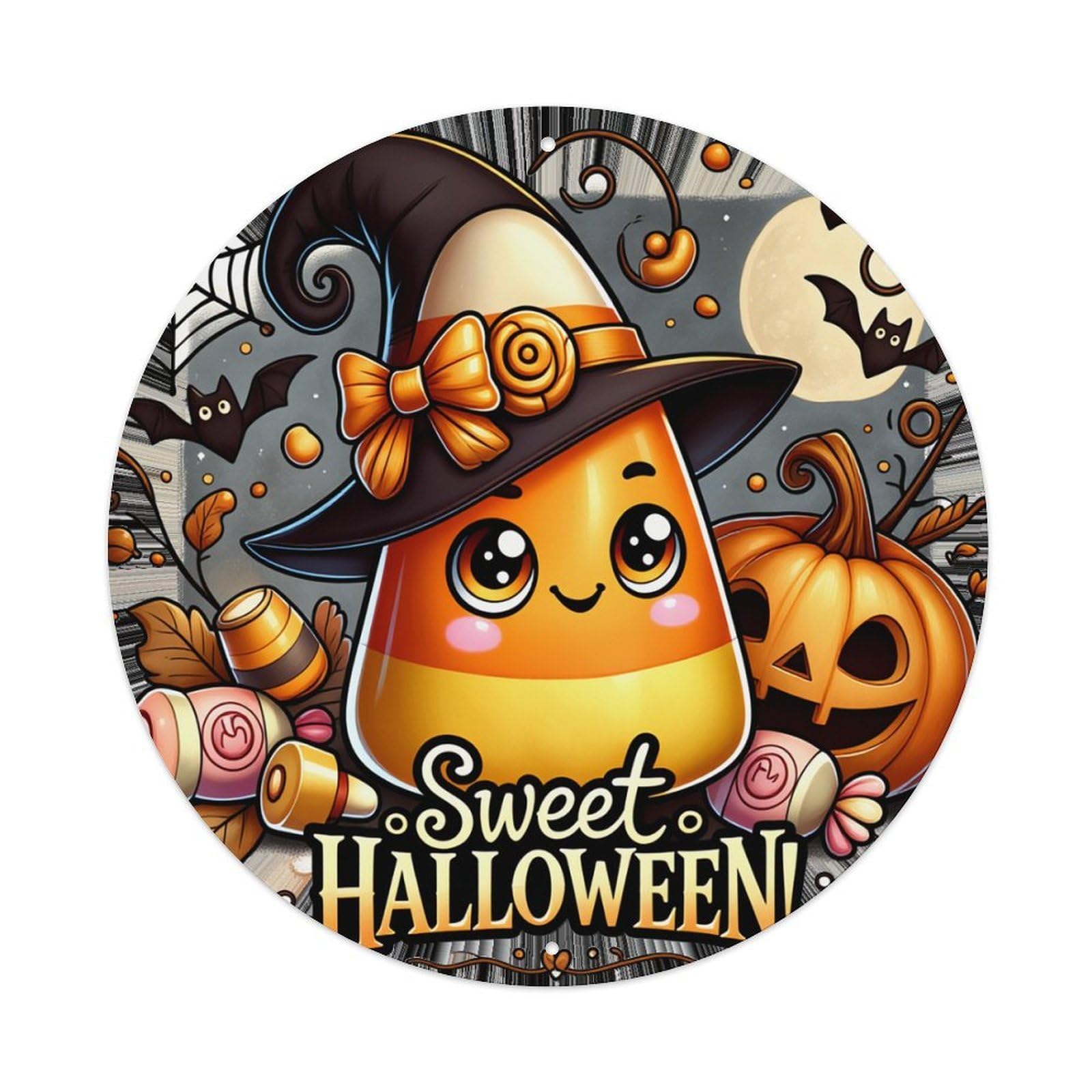 Candy Corn Witch Pumpkin Bats Moon Round Tin Sign Retro Metal Sign for Cafe Bar Pub Home Game Room Gym Club Wall Decoration Vintage Metal Poster 8x8 Inch