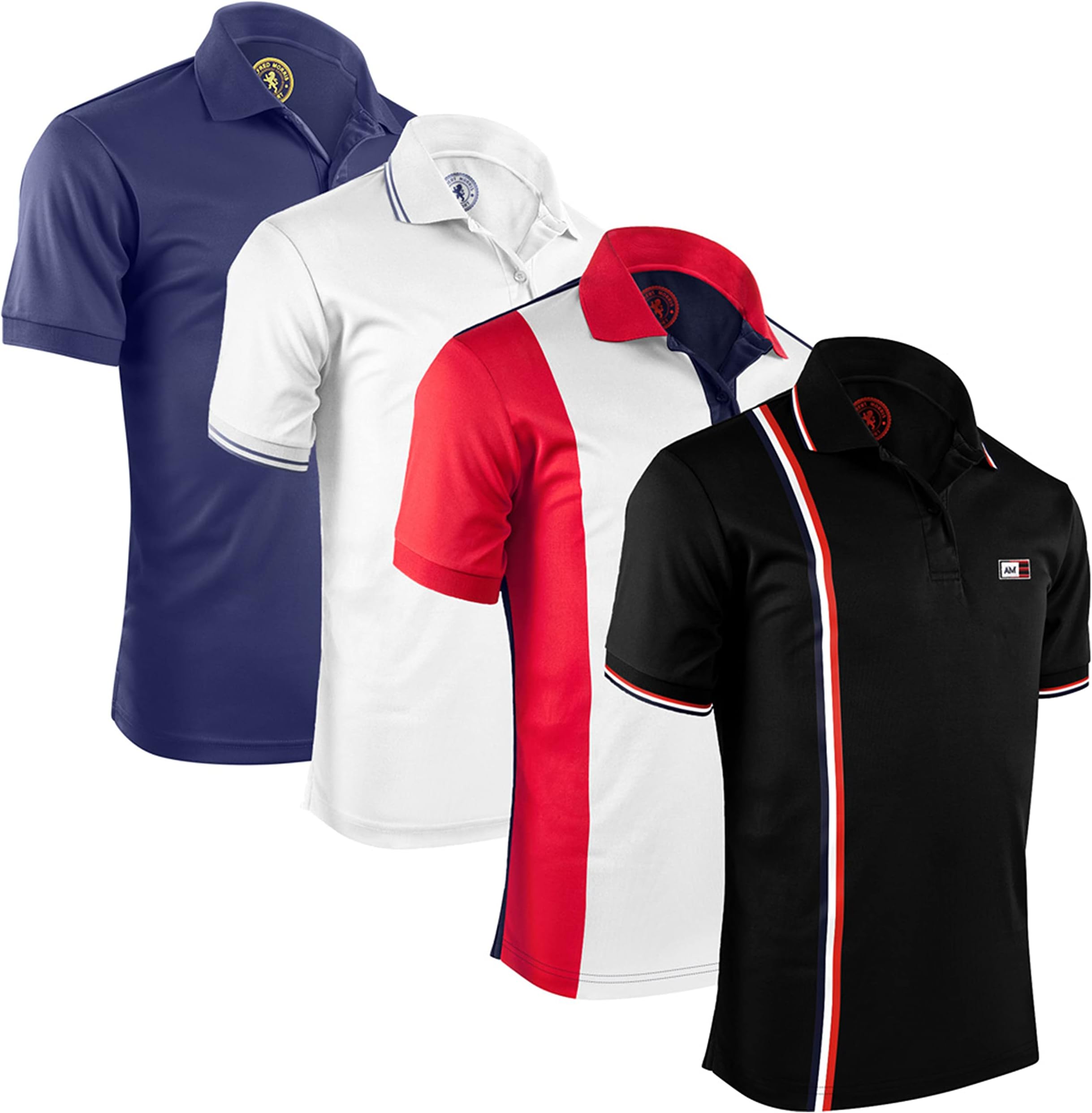 Albert Morris Men's Striped Short Sleeve Polo Shirt 4 Pack, Blue, White, Red, Black, Medium