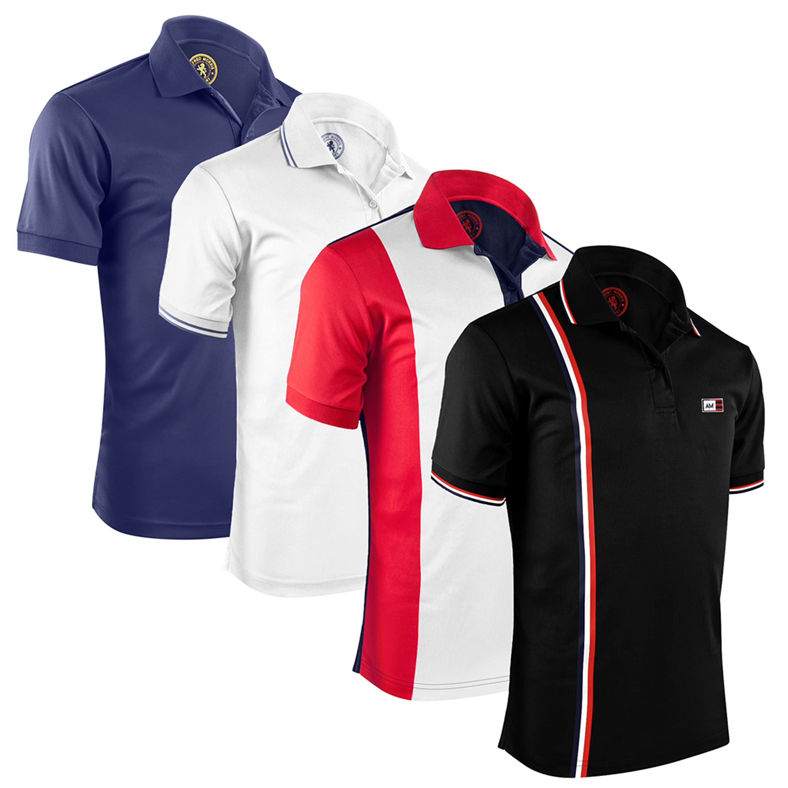 Albert Morris Men's Striped Short Sleeve Polo Shirt 4 Pack, Blue, White, Red, Black, Medium