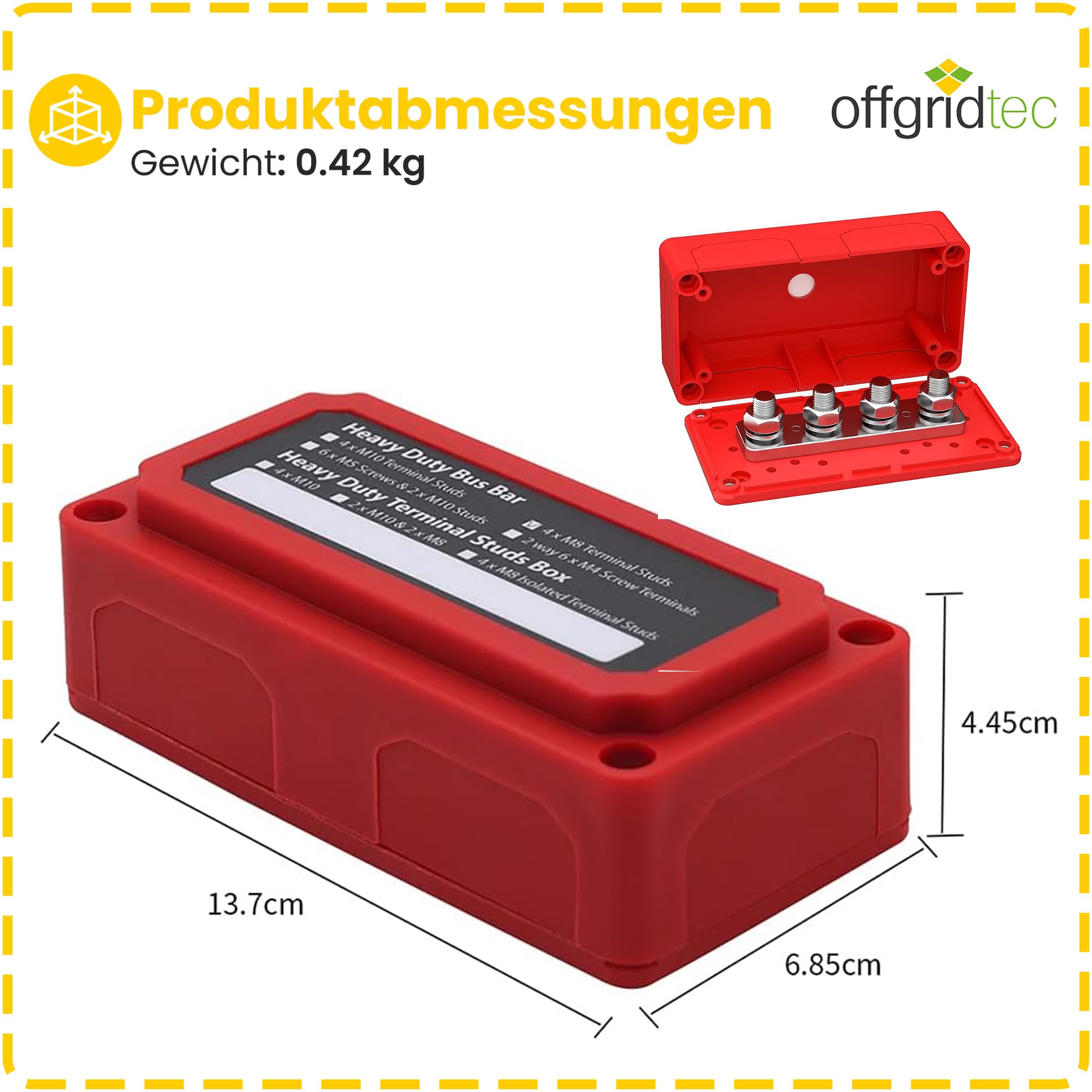 Offgridtec BusBar Box 4x M8 Anschlussbolzen, Nickelbeschichtete Messinganschlüsse, Glasfaserverstärktes Nylongehäuse mit abnehmbarer Abdeckung & Isolierwand, Modulare Stromverteilung (200A, Rot)