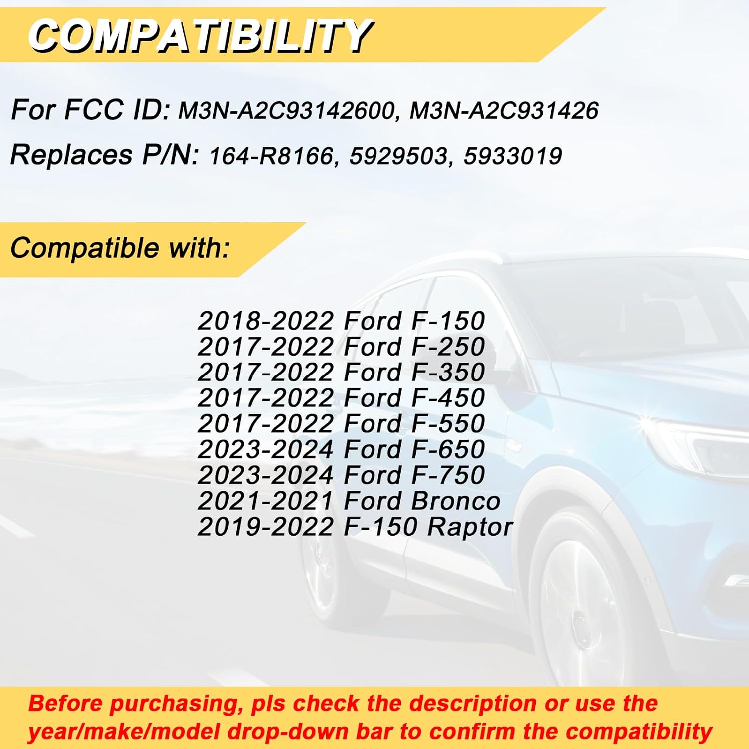 Key Fob Replacement for 2018-2022 Ford F-Series Truck- F150 F250 F350 F450 F550 Bronco Car Keyless Entry Remote Control, M3N-A2C93142600 M3N-A2C931426, 5 Btn