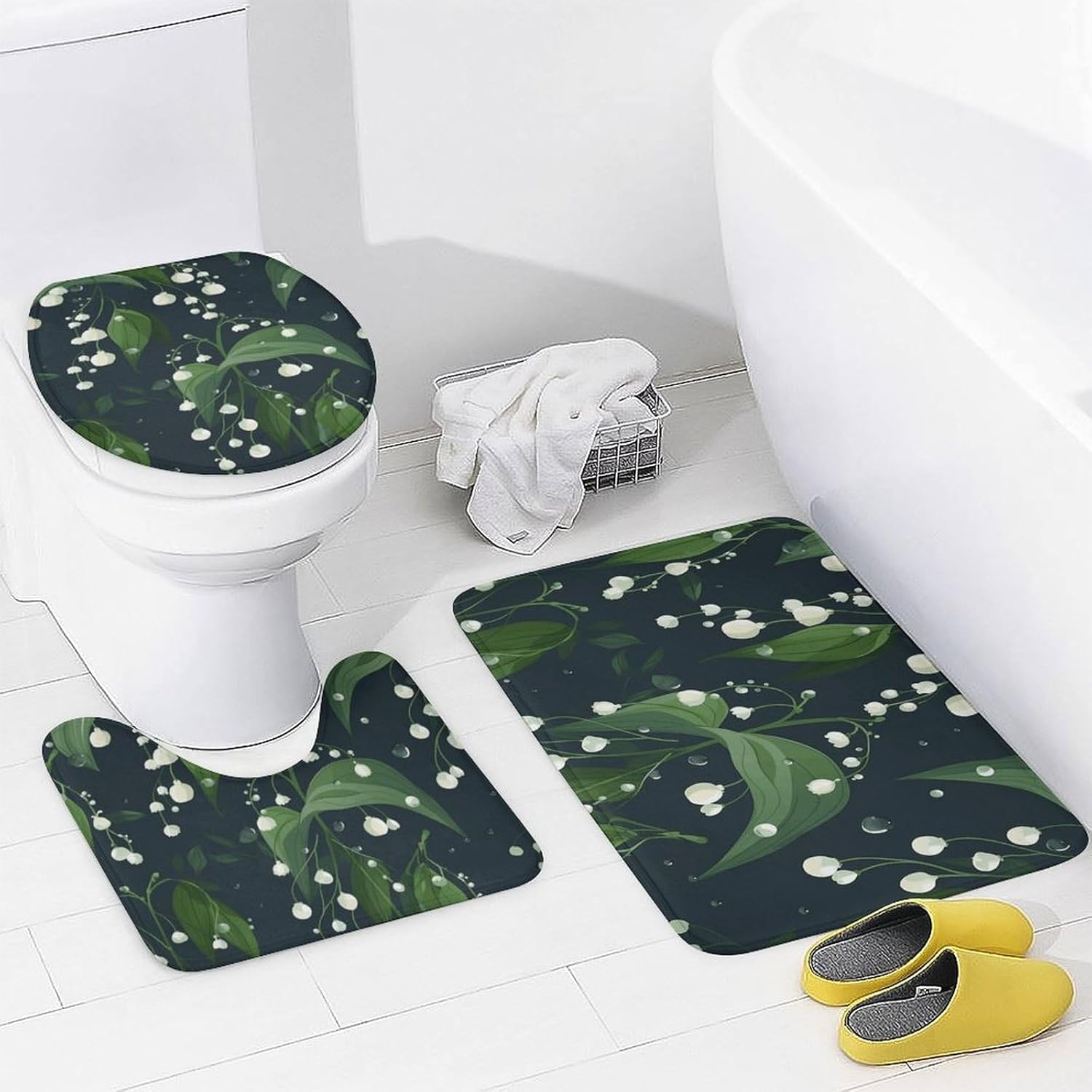 Dark White Light Green Shower Curtain Set 4 Piece, Non-Slip Bath Mat with Toilet Lid Cover and Waterproof Shower Curtain with 12 Hooks, Complete Bathroom Set for Home Decor